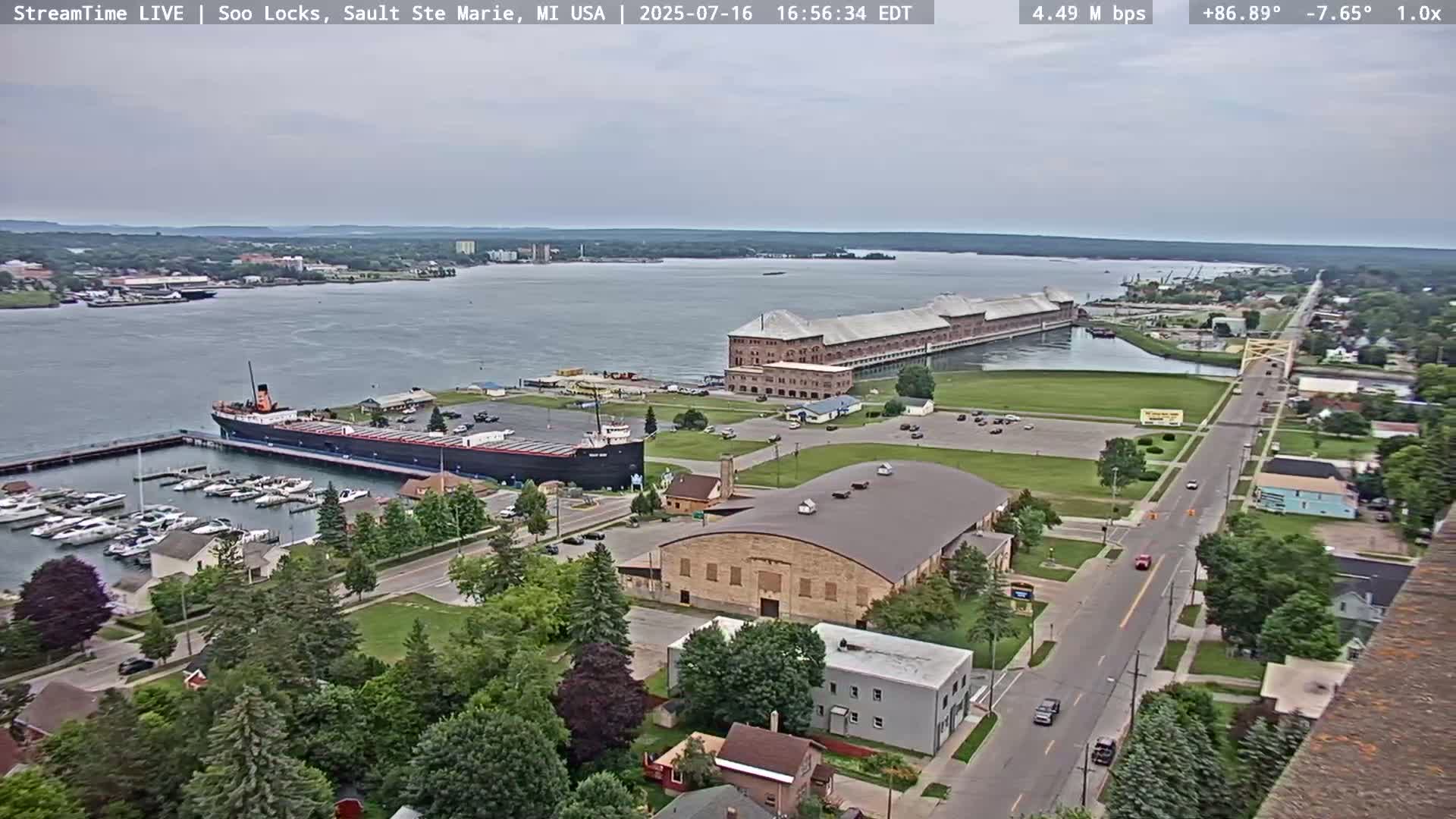 USA - Canada Border, Sault Ste. Marie USA / Sault Ste. Marie Canada Cities & St. Marys River Panoramic Live Cam - Sault Ste. Marie, Chippewa, Michigan, USA
