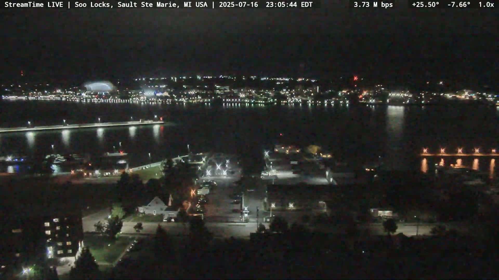 USA - Canada Border, Sault Ste. Marie USA / Sault Ste. Marie Canada Cities & St. Marys River Panoramic Live Cam - Sault Ste. Marie, Chippewa, Michigan, USA