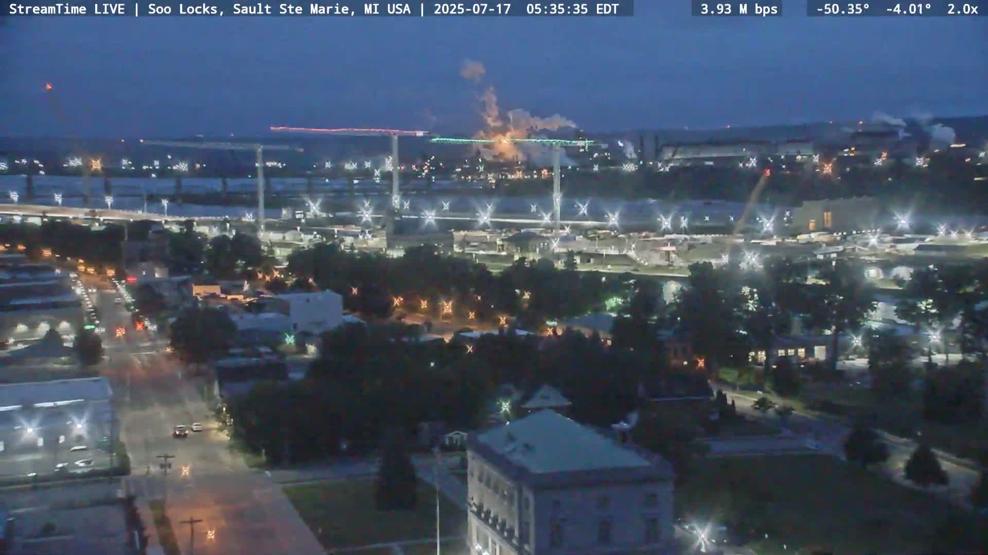 USA - Canada Border, Sault Ste. Marie USA / Sault Ste. Marie Canada Cities & St. Marys River Panoramic Live Cam - Sault Ste. Marie, Chippewa, Michigan, USA