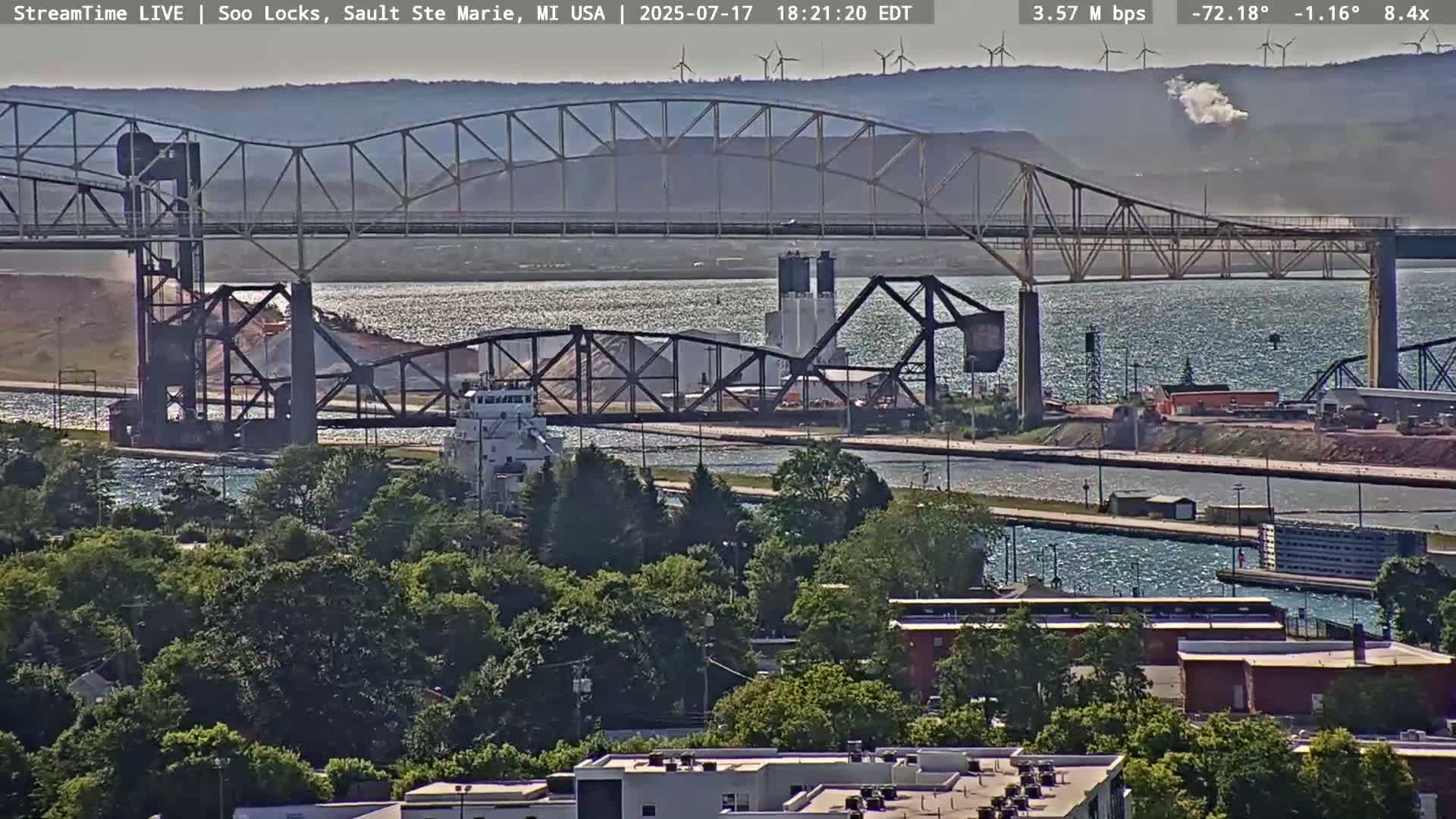USA - Canada Border, Sault Ste. Marie USA / Sault Ste. Marie Canada Cities & St. Marys River Panoramic Live Cam - Sault Ste. Marie, Chippewa, Michigan, USA
