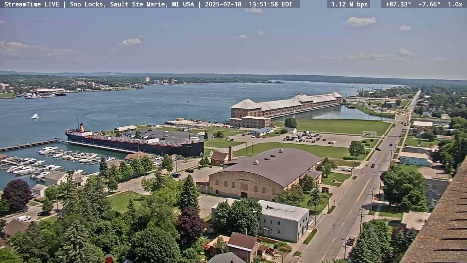 USA - Canada Border, Sault Ste. Marie USA / Sault Ste. Marie Canada Cities & St. Marys River Panoramic Live Cam - Sault Ste. Marie, Chippewa, Michigan, USA