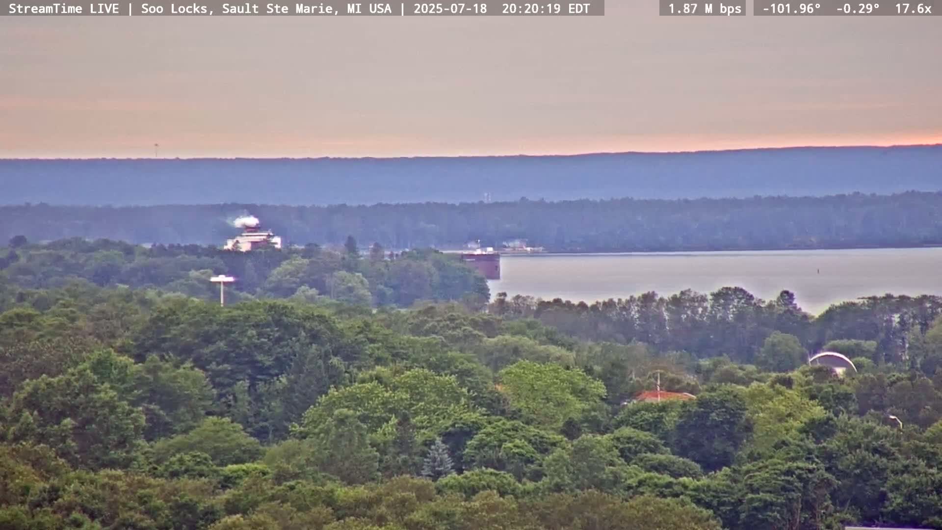 USA - Canada Border, Sault Ste. Marie USA / Sault Ste. Marie Canada Cities & St. Marys River Panoramic Live Cam - Sault Ste. Marie, Chippewa, Michigan, USA