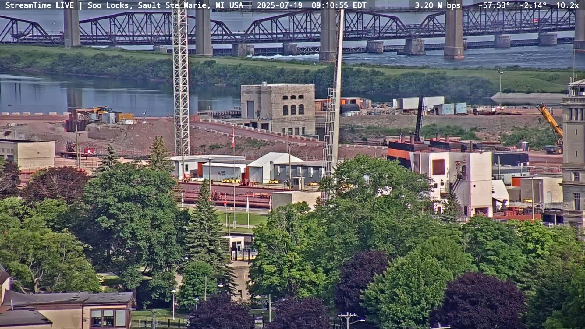 USA - Canada Border, Sault Ste. Marie USA / Sault Ste. Marie Canada Cities & St. Marys River Panoramic Live Cam - Sault Ste. Marie, Chippewa, Michigan, USA