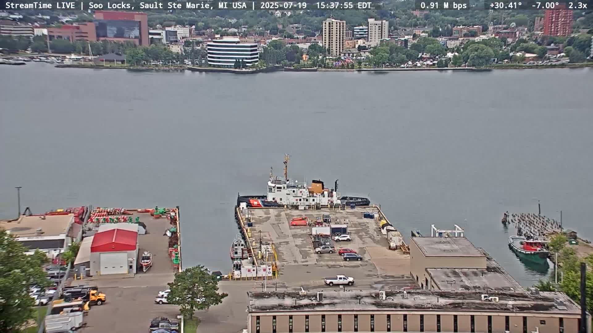 USA - Canada Border, Sault Ste. Marie USA / Sault Ste. Marie Canada Cities & St. Marys River Panoramic Live Cam - Sault Ste. Marie, Chippewa, Michigan, USA