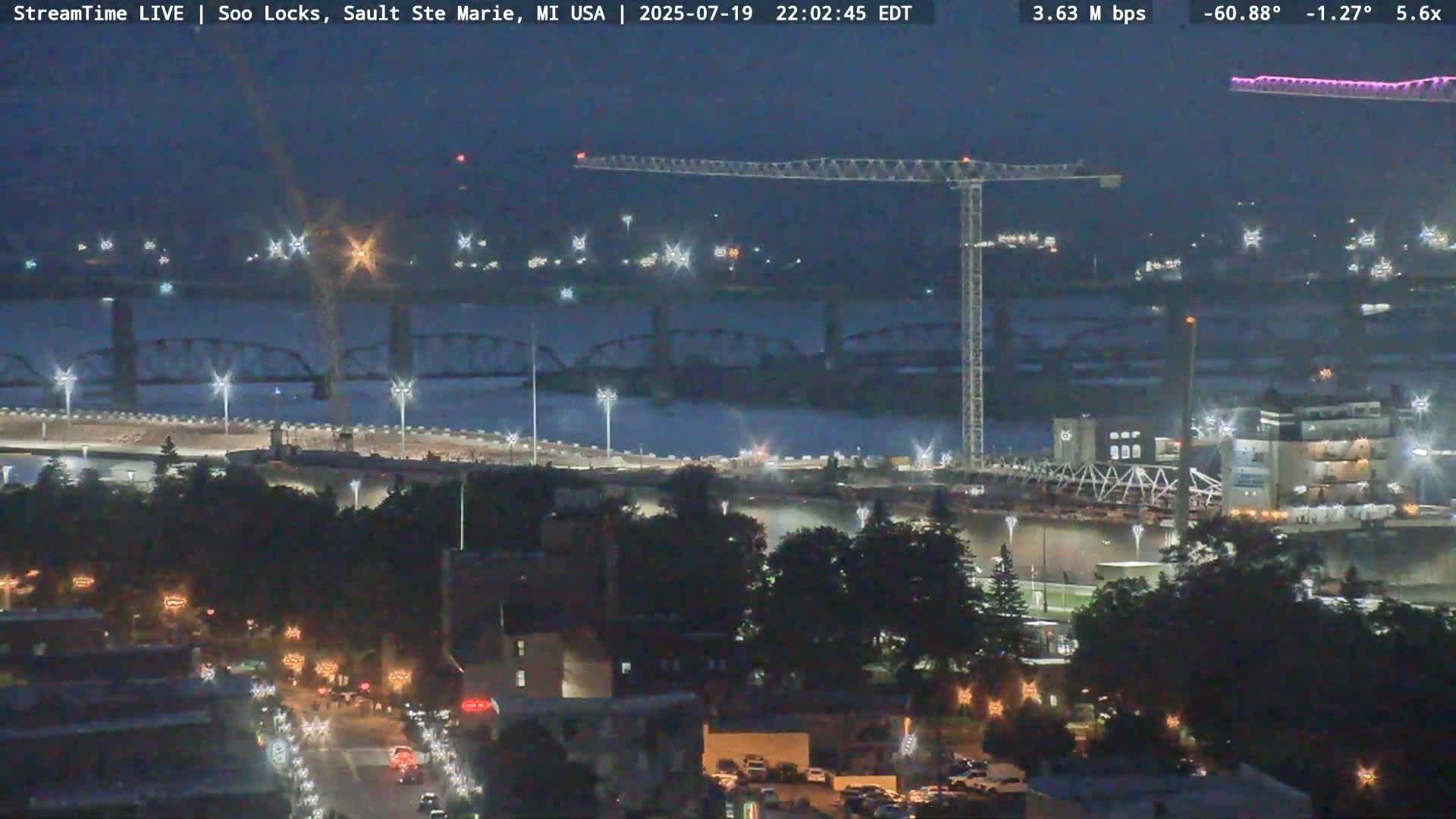 USA - Canada Border, Sault Ste. Marie USA / Sault Ste. Marie Canada Cities & St. Marys River Panoramic Live Cam - Sault Ste. Marie, Chippewa, Michigan, USA