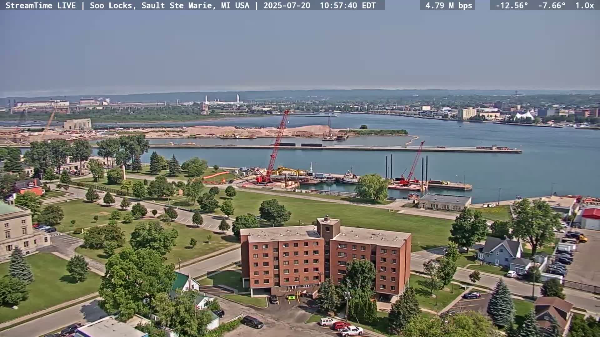 USA - Canada Border, Sault Ste. Marie USA / Sault Ste. Marie Canada Cities & St. Marys River Panoramic Live Cam - Sault Ste. Marie, Chippewa, Michigan, USA
