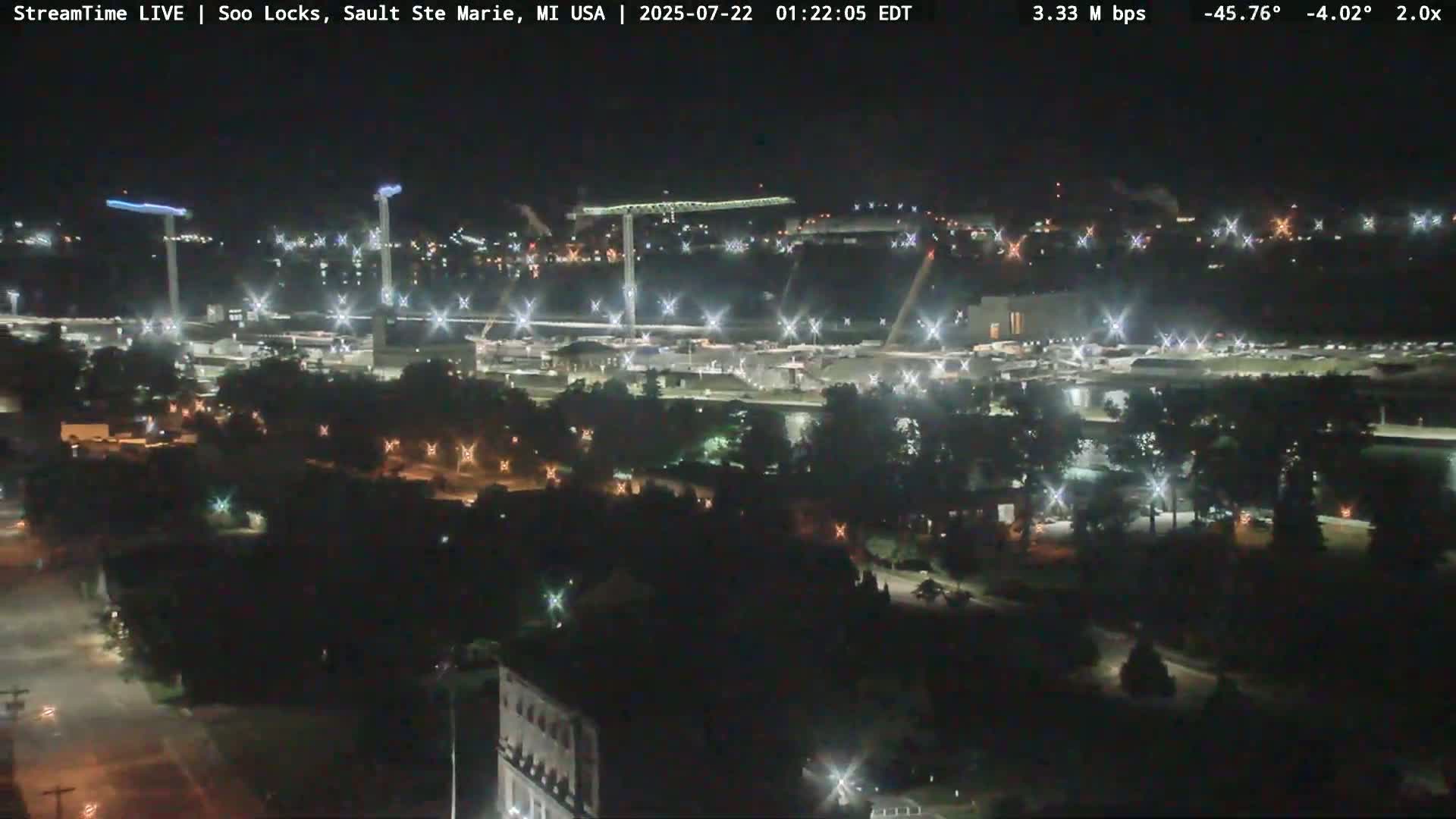 USA - Canada Border, Sault Ste. Marie USA / Sault Ste. Marie Canada Cities & St. Marys River Panoramic Live Cam - Sault Ste. Marie, Chippewa, Michigan, USA