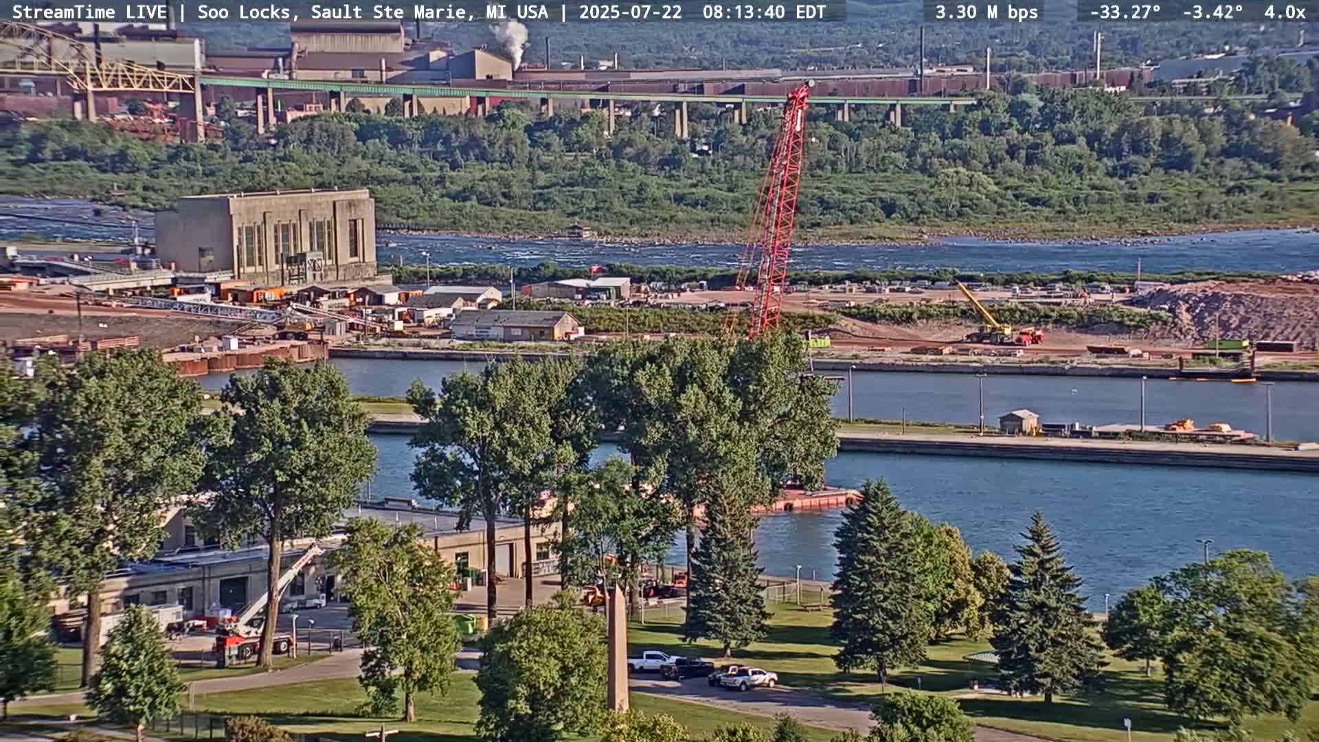USA - Canada Border, Sault Ste. Marie USA / Sault Ste. Marie Canada Cities & St. Marys River Panoramic Live Cam - Sault Ste. Marie, Chippewa, Michigan, USA