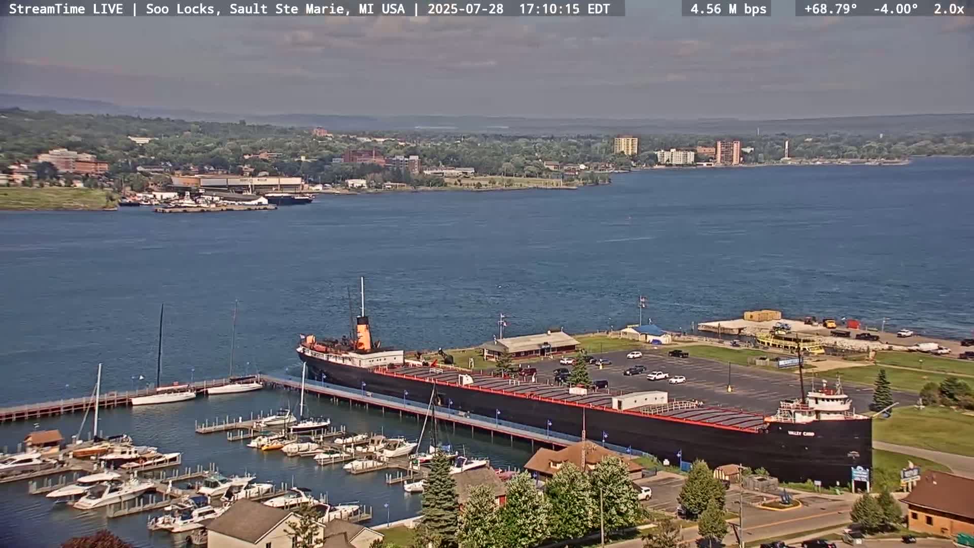 USA - Canada Border, Sault Ste. Marie USA / Sault Ste. Marie Canada Cities & St. Marys River Panoramic Live Cam - Sault Ste. Marie, Chippewa, Michigan, USA