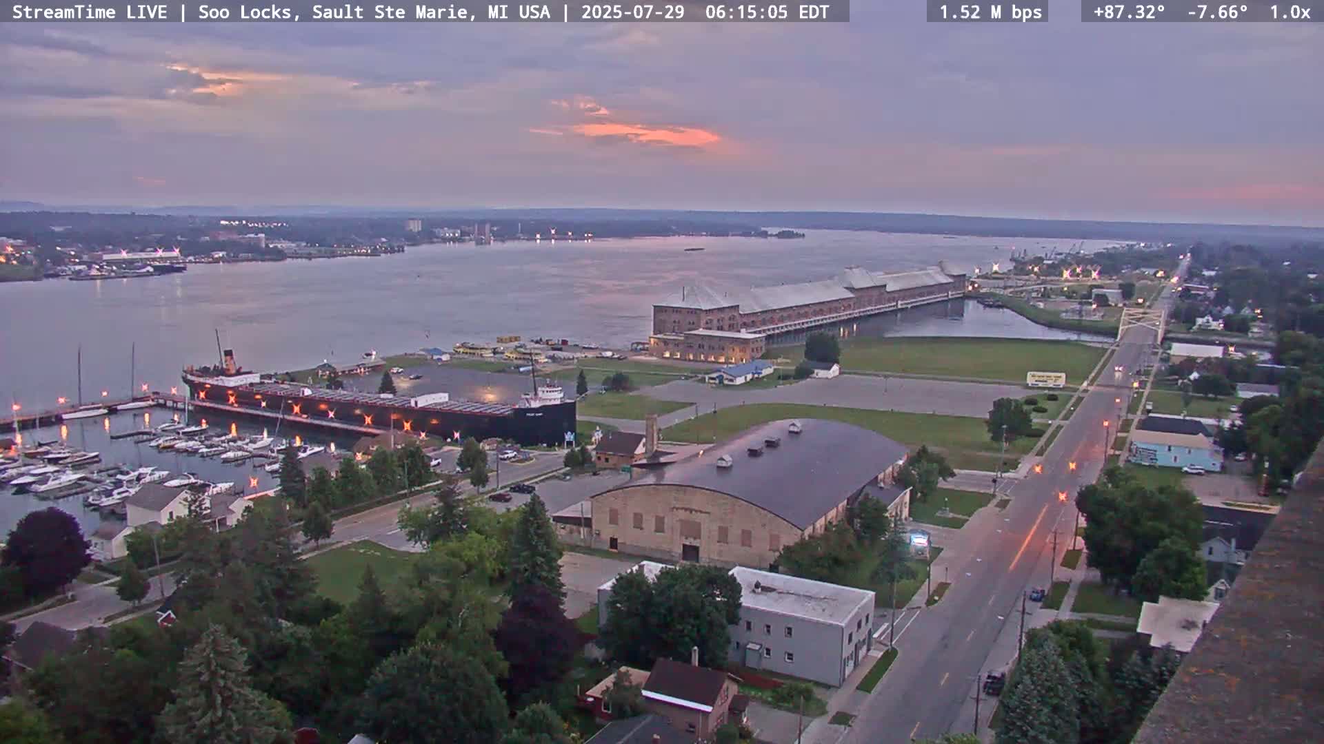 USA - Canada Border, Sault Ste. Marie USA / Sault Ste. Marie Canada Cities & St. Marys River Panoramic Live Cam - Sault Ste. Marie, Chippewa, Michigan, USA