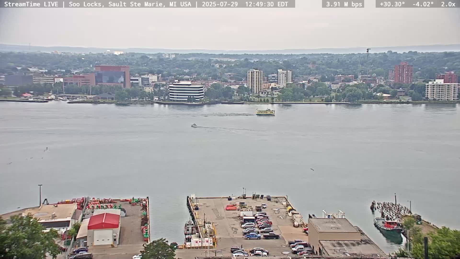 USA - Canada Border, Sault Ste. Marie USA / Sault Ste. Marie Canada Cities & St. Marys River Panoramic Live Cam - Sault Ste. Marie, Chippewa, Michigan, USA