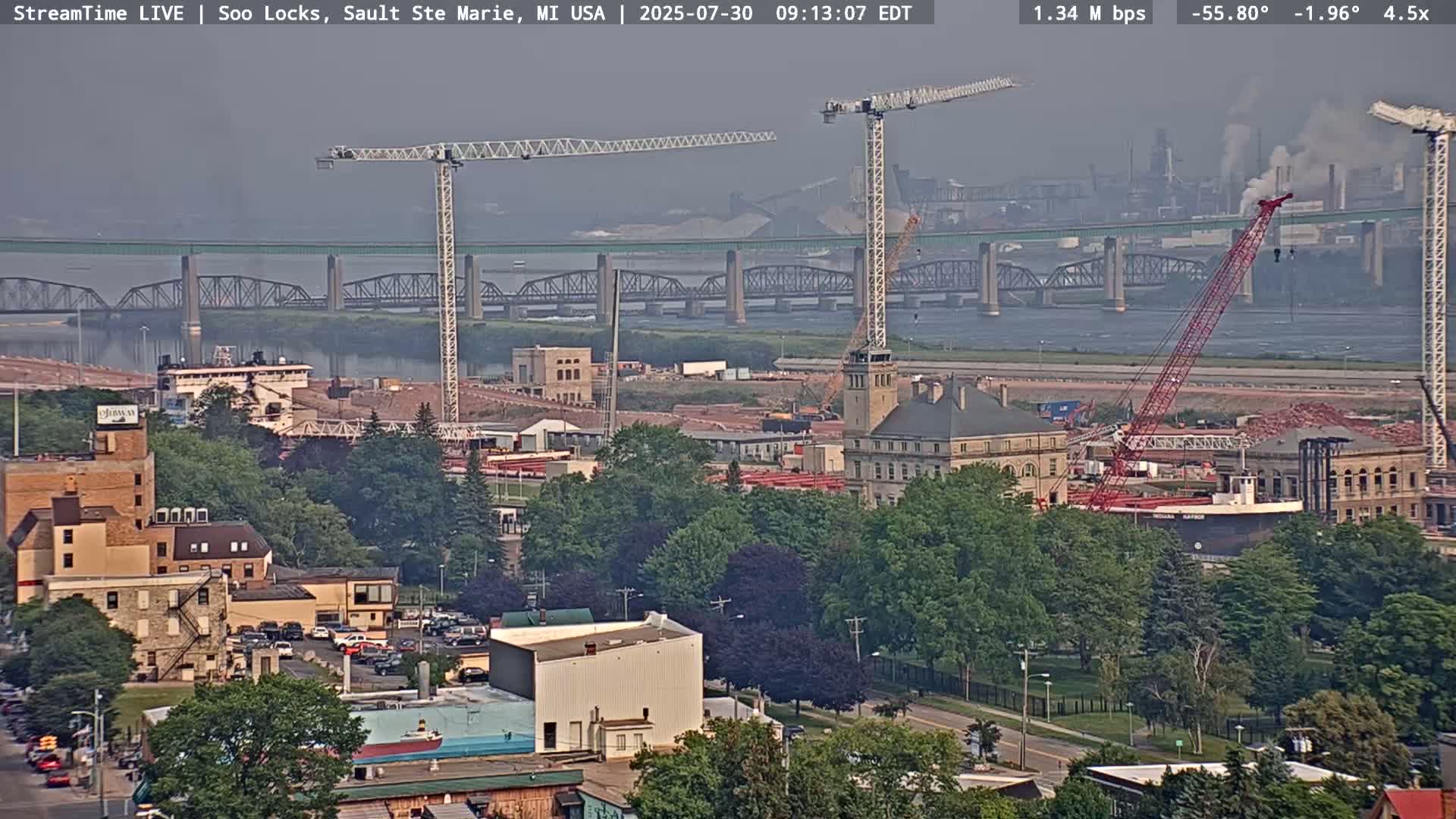 USA - Canada Border, Sault Ste. Marie USA / Sault Ste. Marie Canada Cities & St. Marys River Panoramic Live Cam - Sault Ste. Marie, Chippewa, Michigan, USA