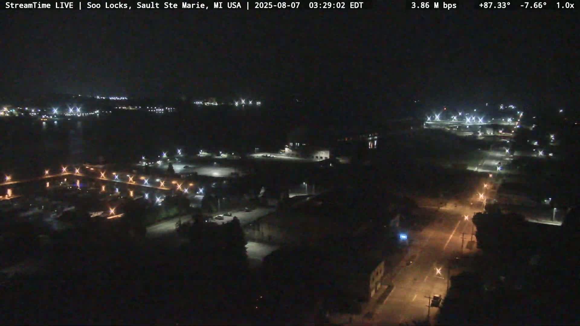 USA - Canada Border, Sault Ste. Marie USA / Sault Ste. Marie Canada Cities & St. Marys River Panoramic Live Cam - Sault Ste. Marie, Chippewa, Michigan, USA