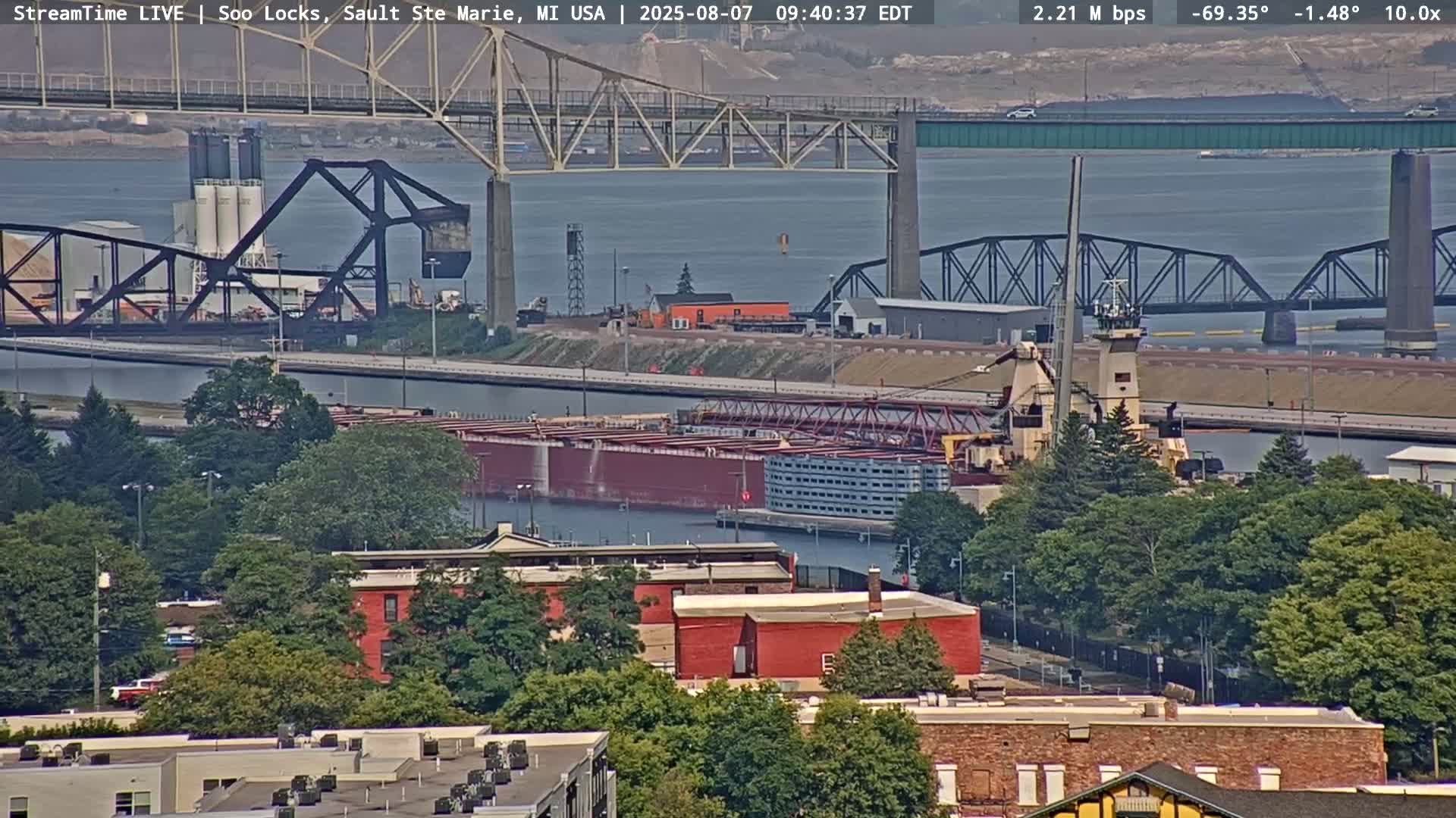 USA - Canada Border, Sault Ste. Marie USA / Sault Ste. Marie Canada Cities & St. Marys River Panoramic Live Cam - Sault Ste. Marie, Chippewa, Michigan, USA