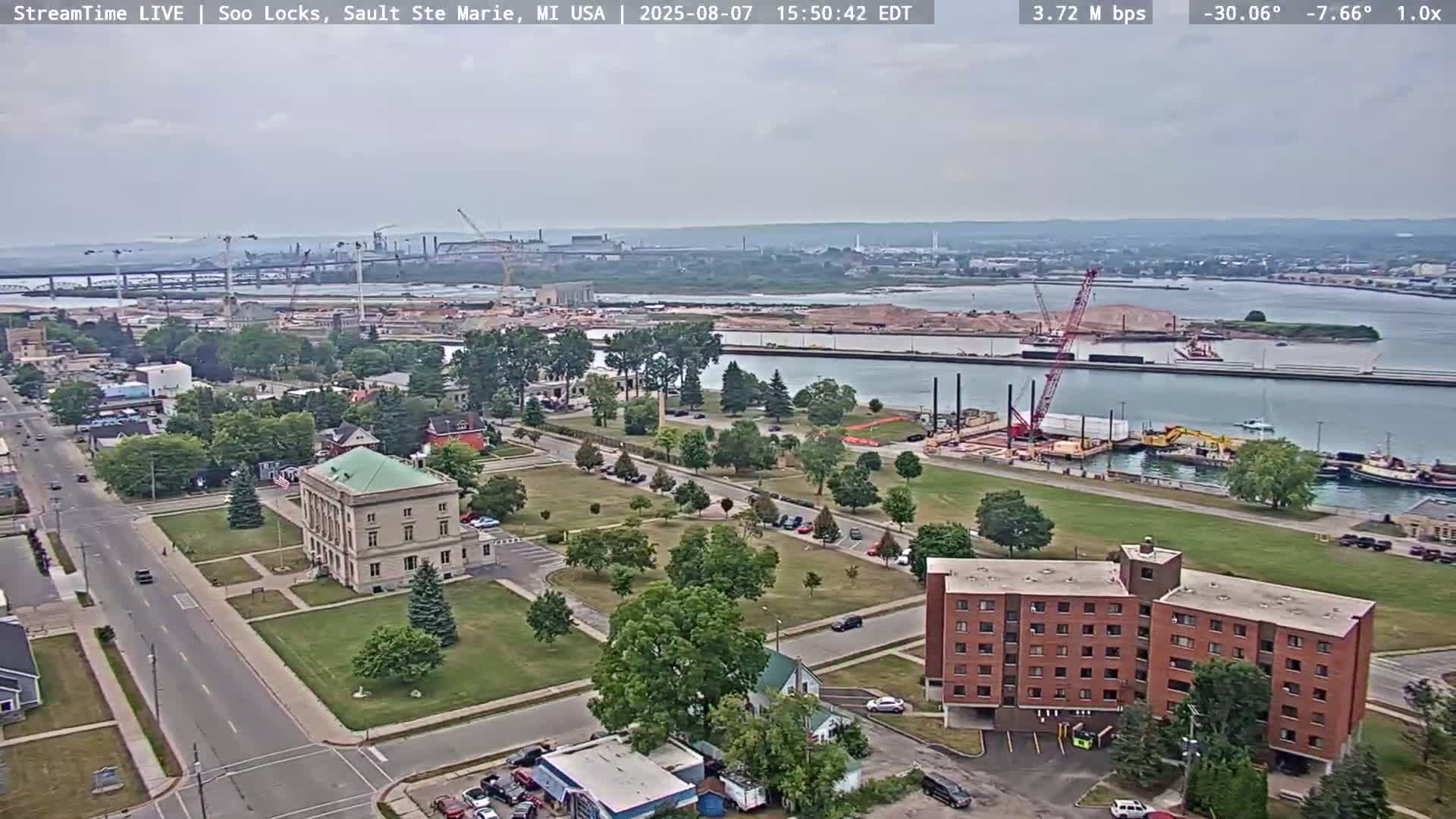 USA - Canada Border, Sault Ste. Marie USA / Sault Ste. Marie Canada Cities & St. Marys River Panoramic Live Cam - Sault Ste. Marie, Chippewa, Michigan, USA