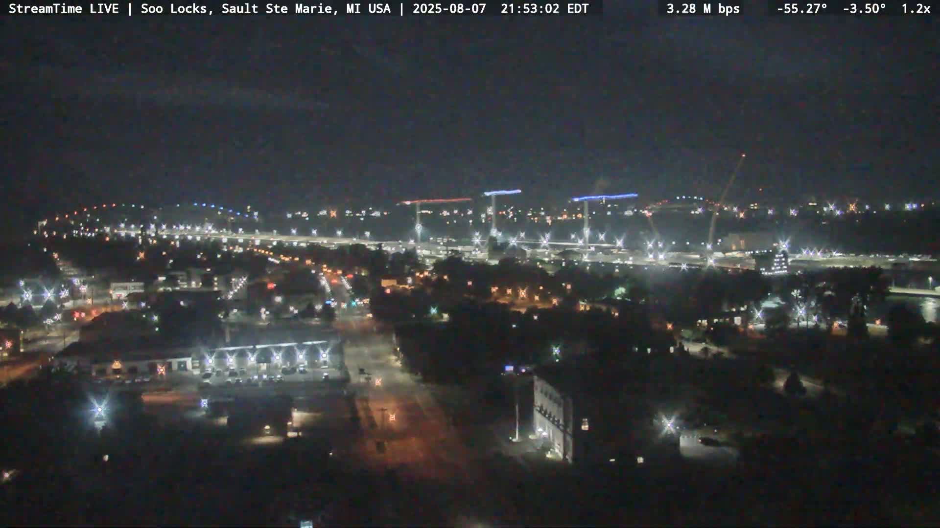 USA - Canada Border, Sault Ste. Marie USA / Sault Ste. Marie Canada Cities & St. Marys River Panoramic Live Cam - Sault Ste. Marie, Chippewa, Michigan, USA