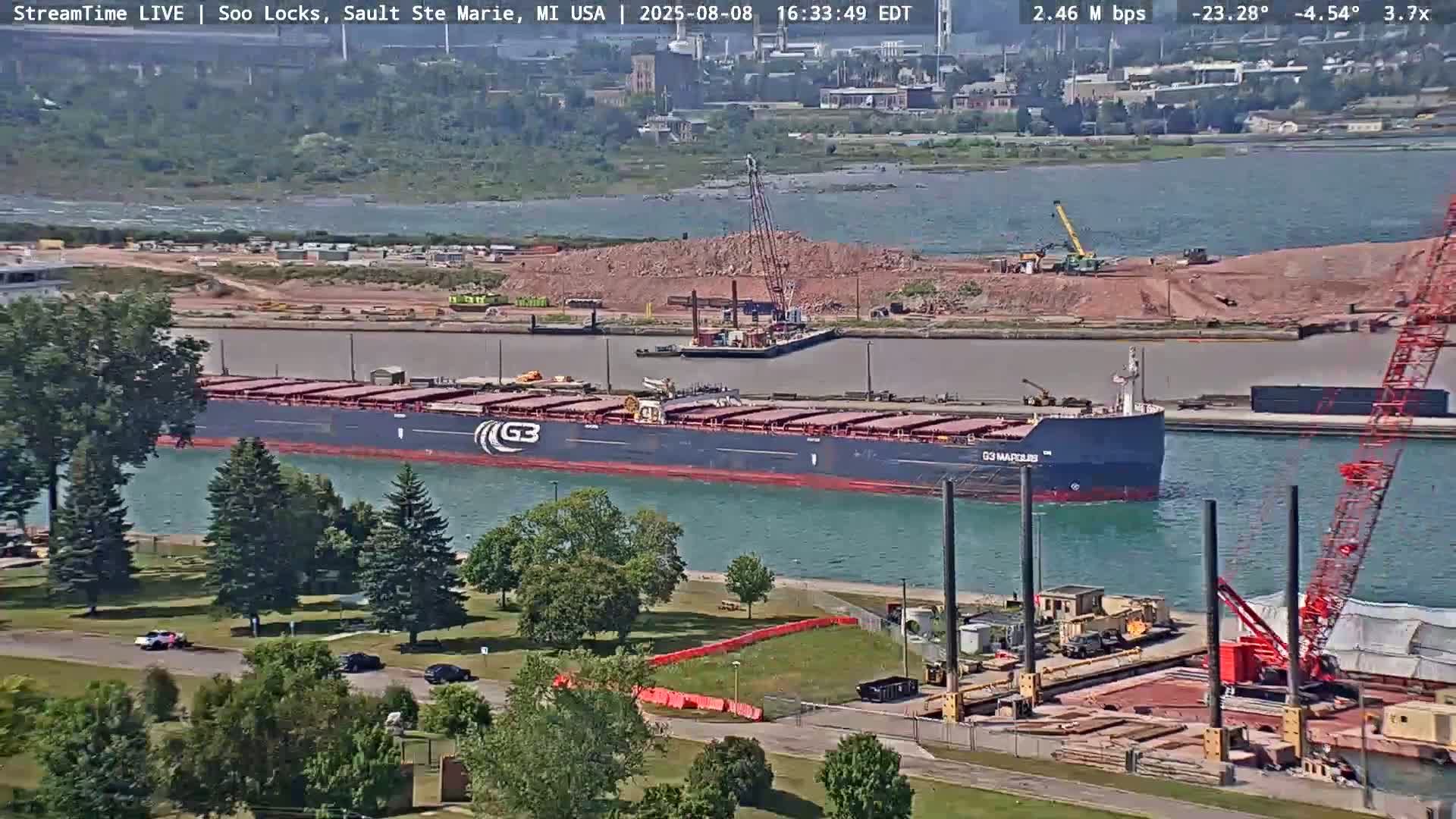 USA - Canada Border, Sault Ste. Marie USA / Sault Ste. Marie Canada Cities & St. Marys River Panoramic Live Cam - Sault Ste. Marie, Chippewa, Michigan, USA