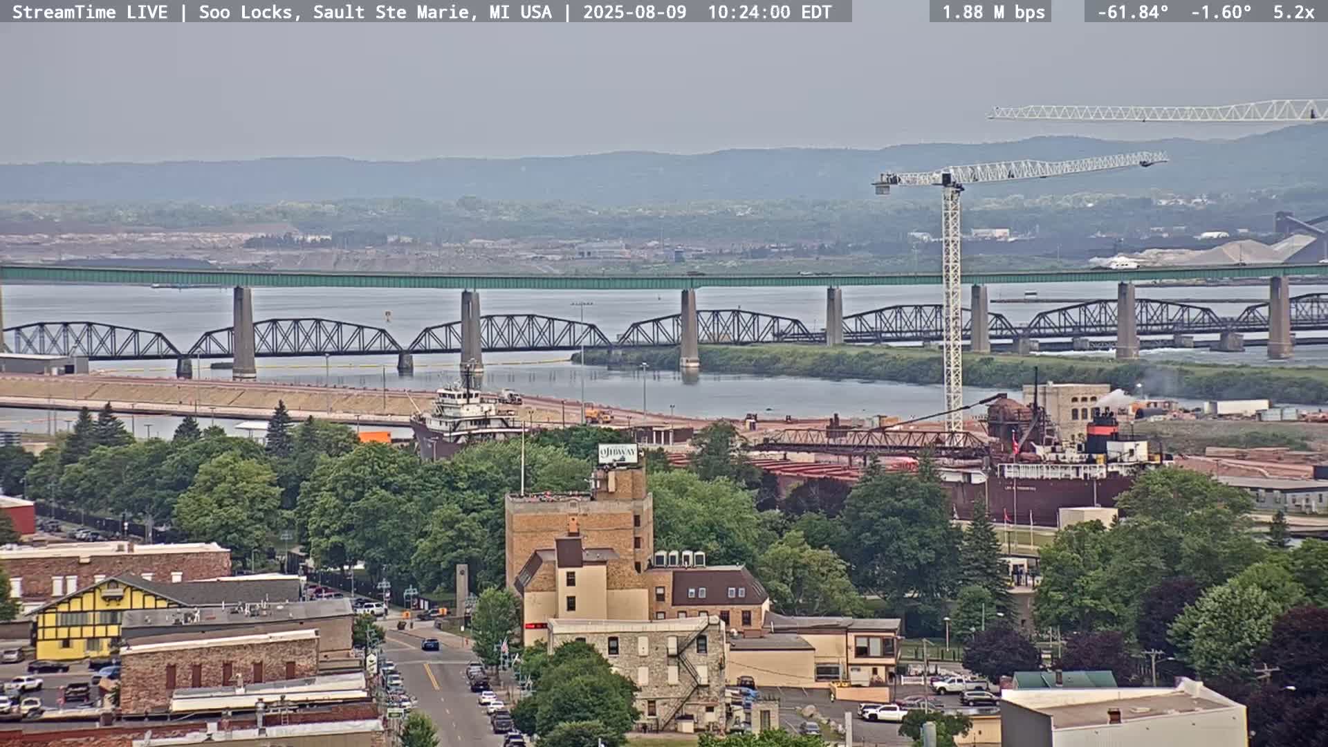 USA - Canada Border, Sault Ste. Marie USA / Sault Ste. Marie Canada Cities & St. Marys River Panoramic Live Cam - Sault Ste. Marie, Chippewa, Michigan, USA