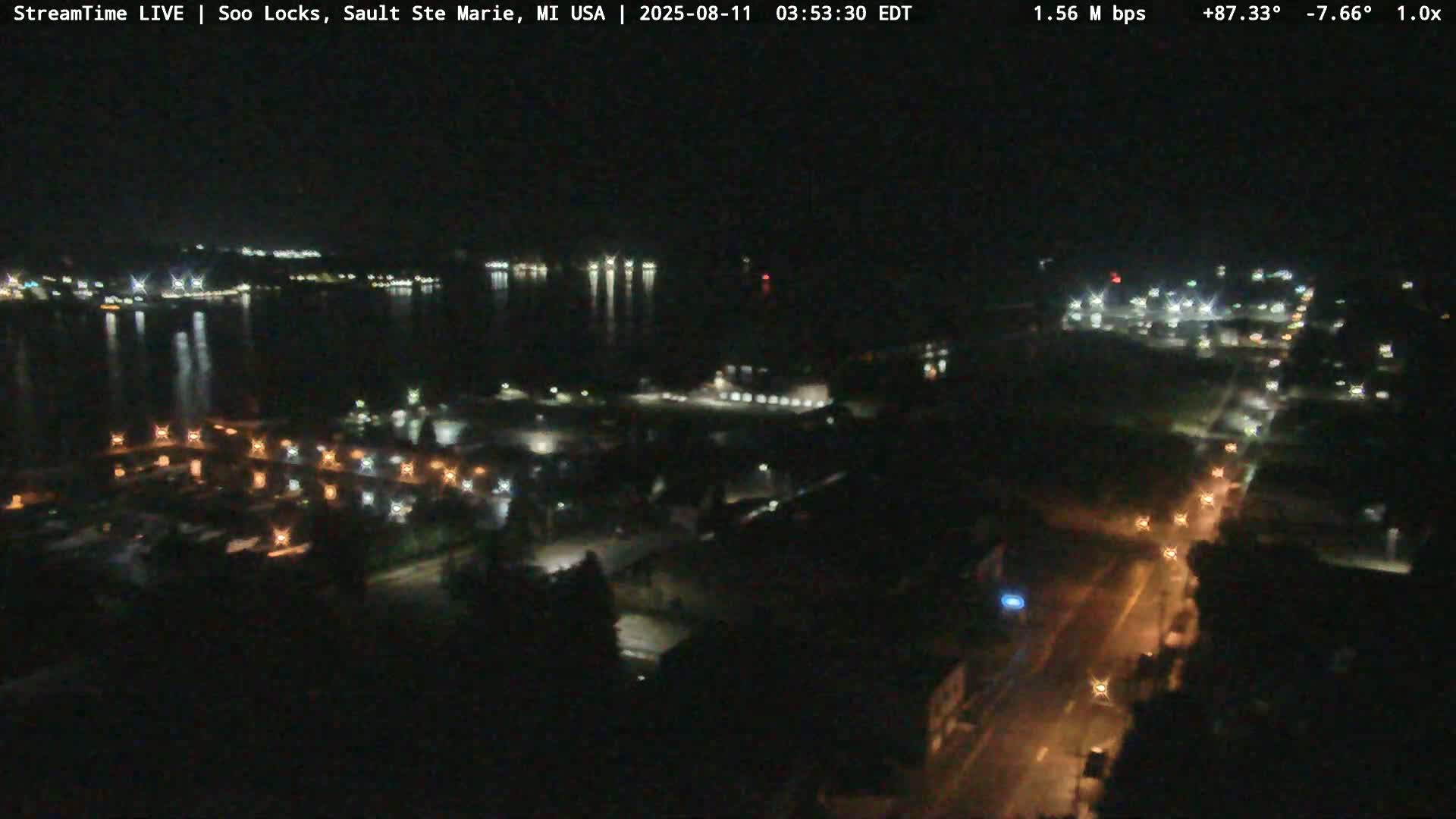 A nighttime, high-angle view of a city by a body of water shows illuminated streets, buildings, and a marina, with minimal traffic.