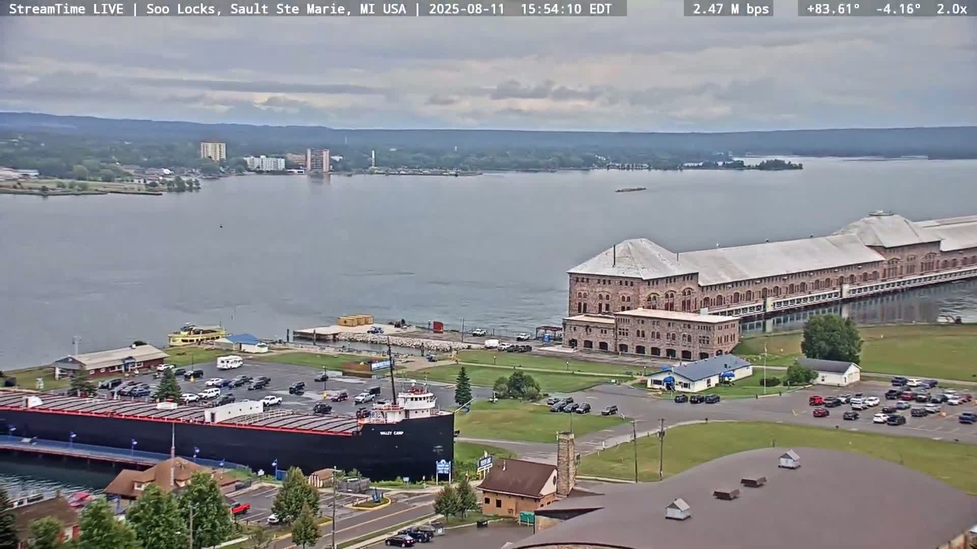 USA - Canada Border, Sault Ste. Marie USA / Sault Ste. Marie Canada Cities & St. Marys River Panoramic Live Cam - Sault Ste. Marie, Chippewa, Michigan, USA