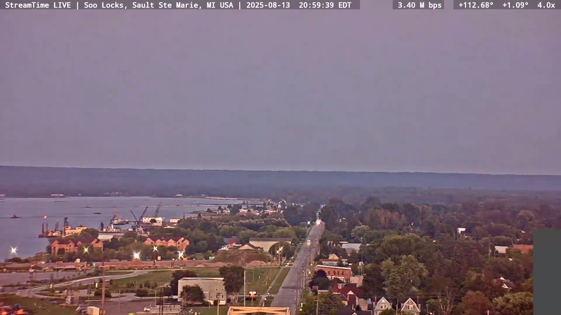 USA - Canada Border, Sault Ste. Marie USA / Sault Ste. Marie Canada Cities & St. Marys River Panoramic Live Cam - Sault Ste. Marie, Chippewa, Michigan, USA
