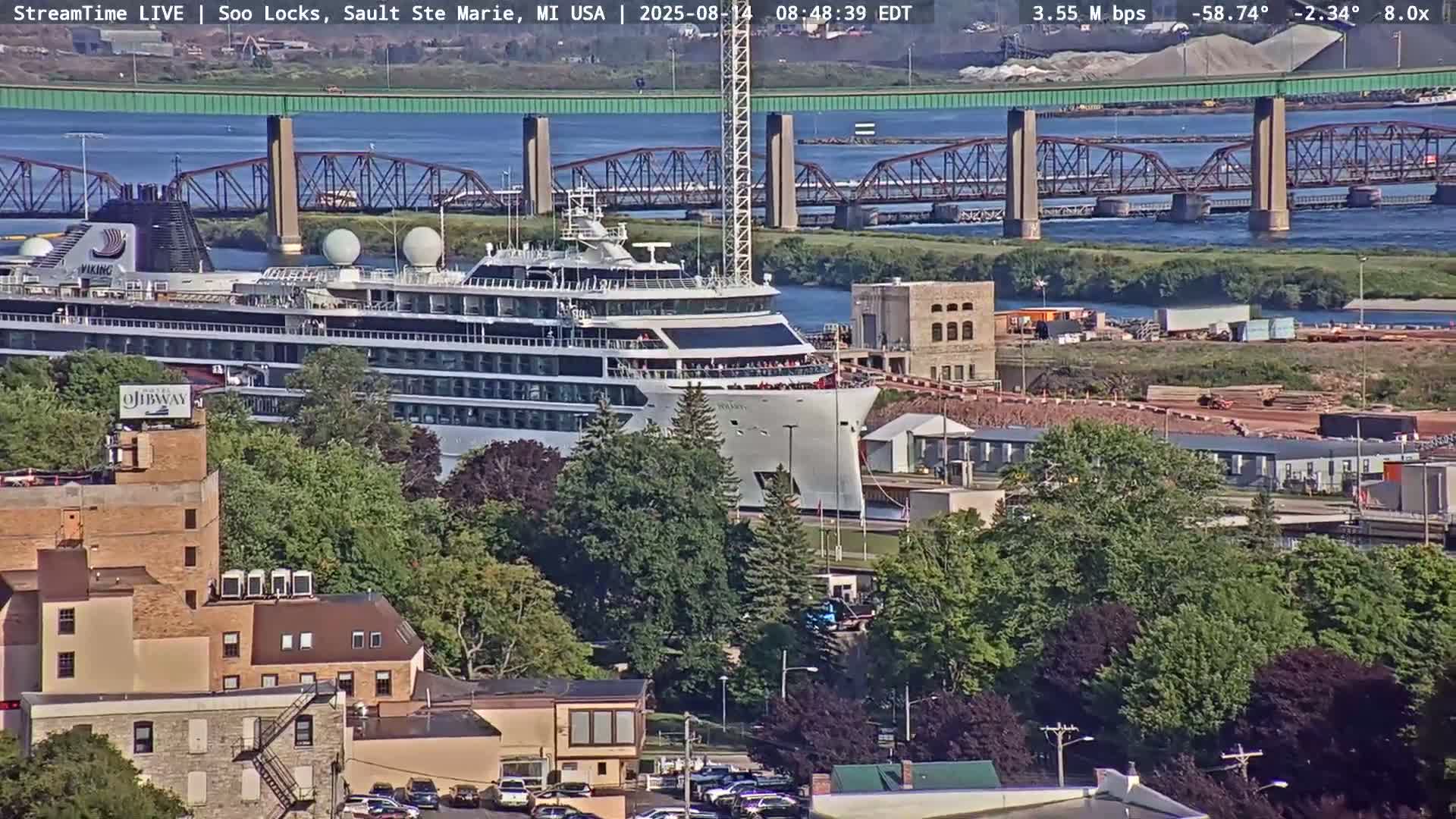 USA - Canada Border, Sault Ste. Marie USA / Sault Ste. Marie Canada Cities & St. Marys River Panoramic Live Cam - Sault Ste. Marie, Chippewa, Michigan, USA