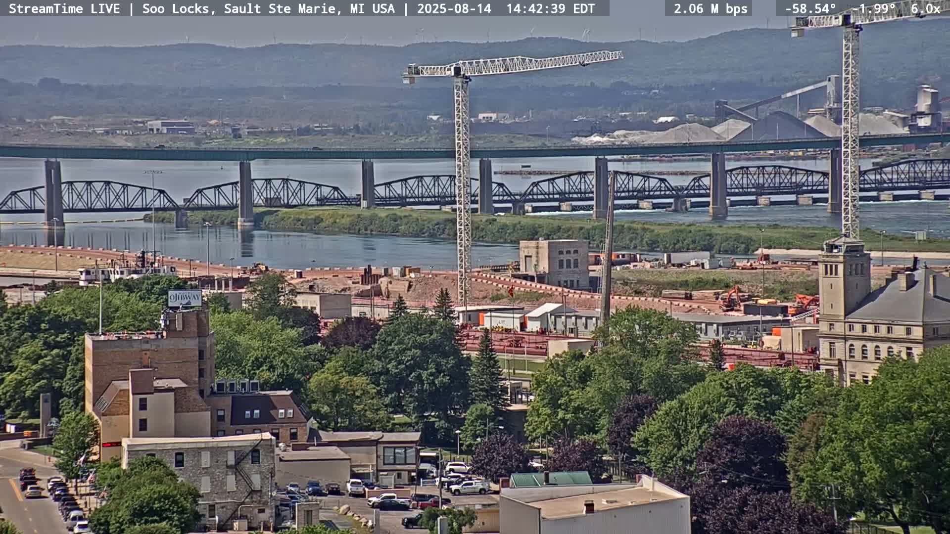 USA - Canada Border, Sault Ste. Marie USA / Sault Ste. Marie Canada Cities & St. Marys River Panoramic Live Cam - Sault Ste. Marie, Chippewa, Michigan, USA