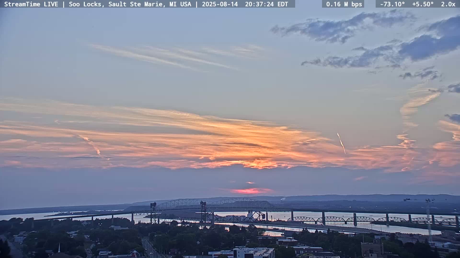 USA - Canada Border, Sault Ste. Marie USA / Sault Ste. Marie Canada Cities & St. Marys River Panoramic Live Cam - Sault Ste. Marie, Chippewa, Michigan, USA
