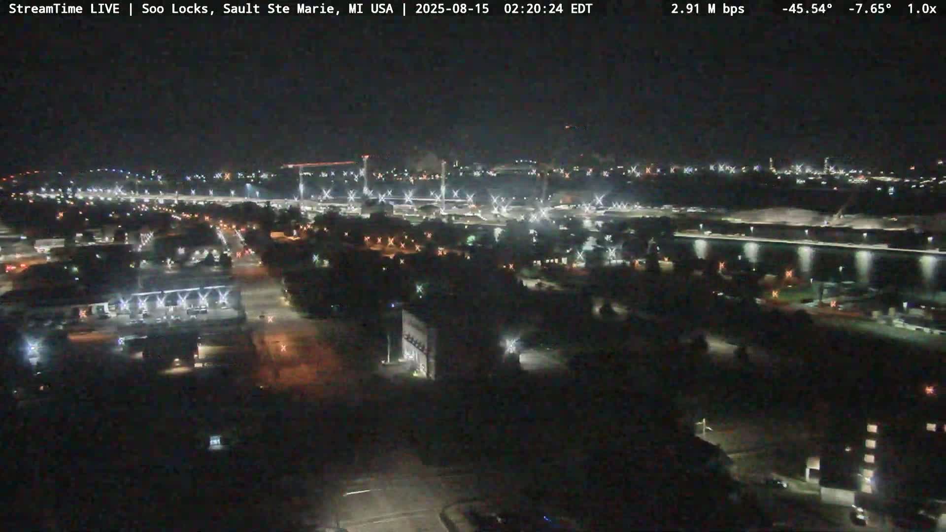 USA - Canada Border, Sault Ste. Marie USA / Sault Ste. Marie Canada Cities & St. Marys River Panoramic Live Cam - Sault Ste. Marie, Chippewa, Michigan, USA
