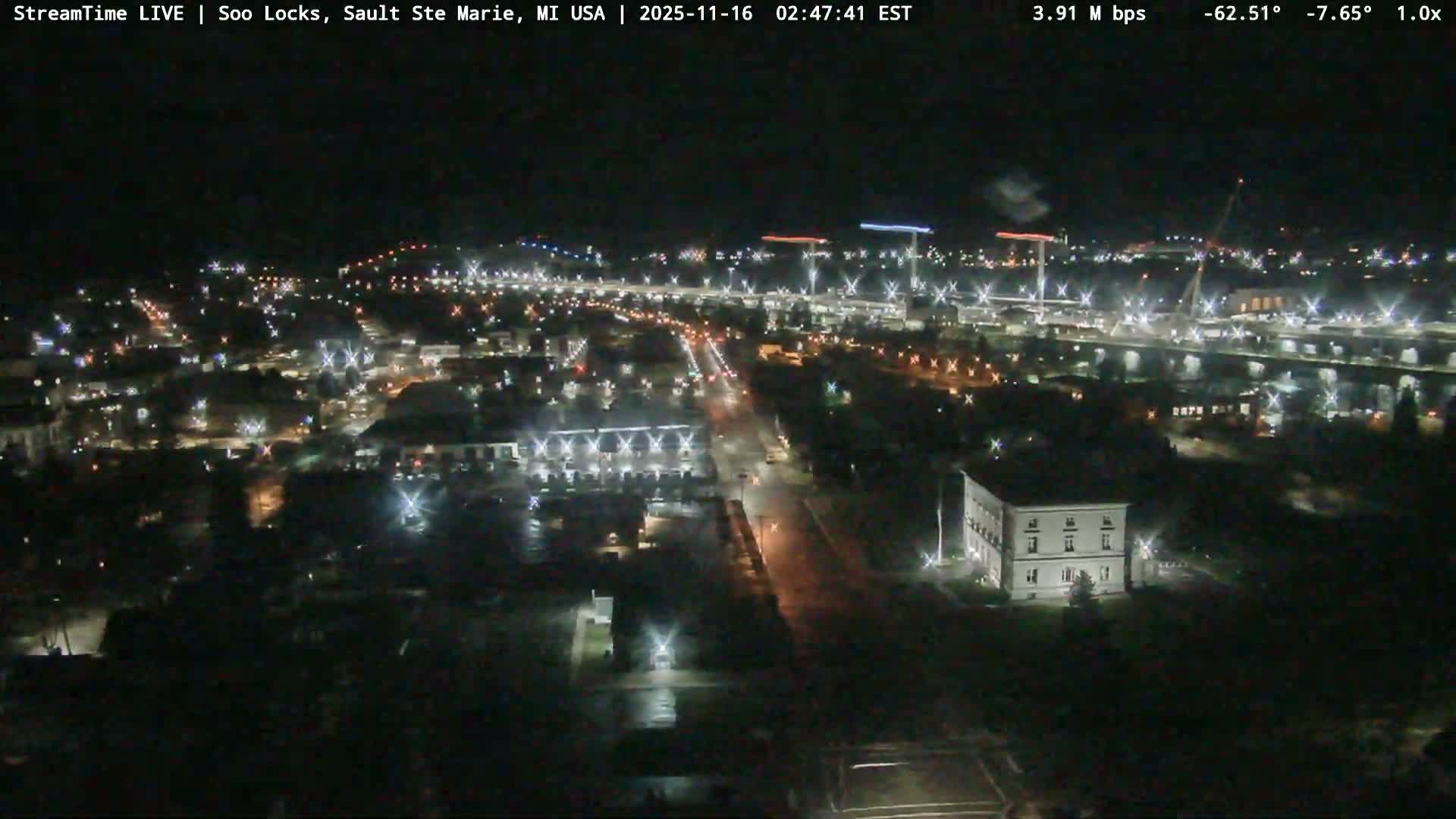 USA - Canada Border, Sault Ste. Marie USA / Sault Ste. Marie Canada Cities & St. Marys River Panoramic Live Cam - Sault Ste. Marie, Chippewa, Michigan, USA