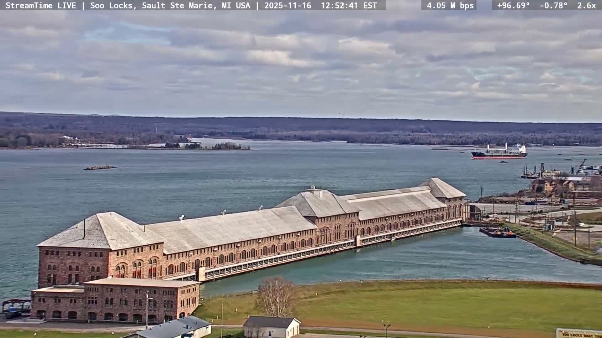 USA - Canada Border, Sault Ste. Marie USA / Sault Ste. Marie Canada Cities & St. Marys River Panoramic Live Cam - Sault Ste. Marie, Chippewa, Michigan, USA