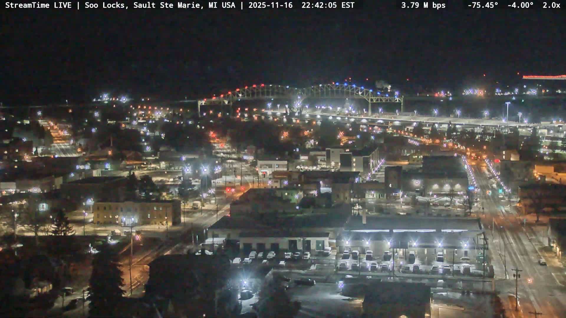 USA - Canada Border, Sault Ste. Marie USA / Sault Ste. Marie Canada Cities & St. Marys River Panoramic Live Cam - Sault Ste. Marie, Chippewa, Michigan, USA