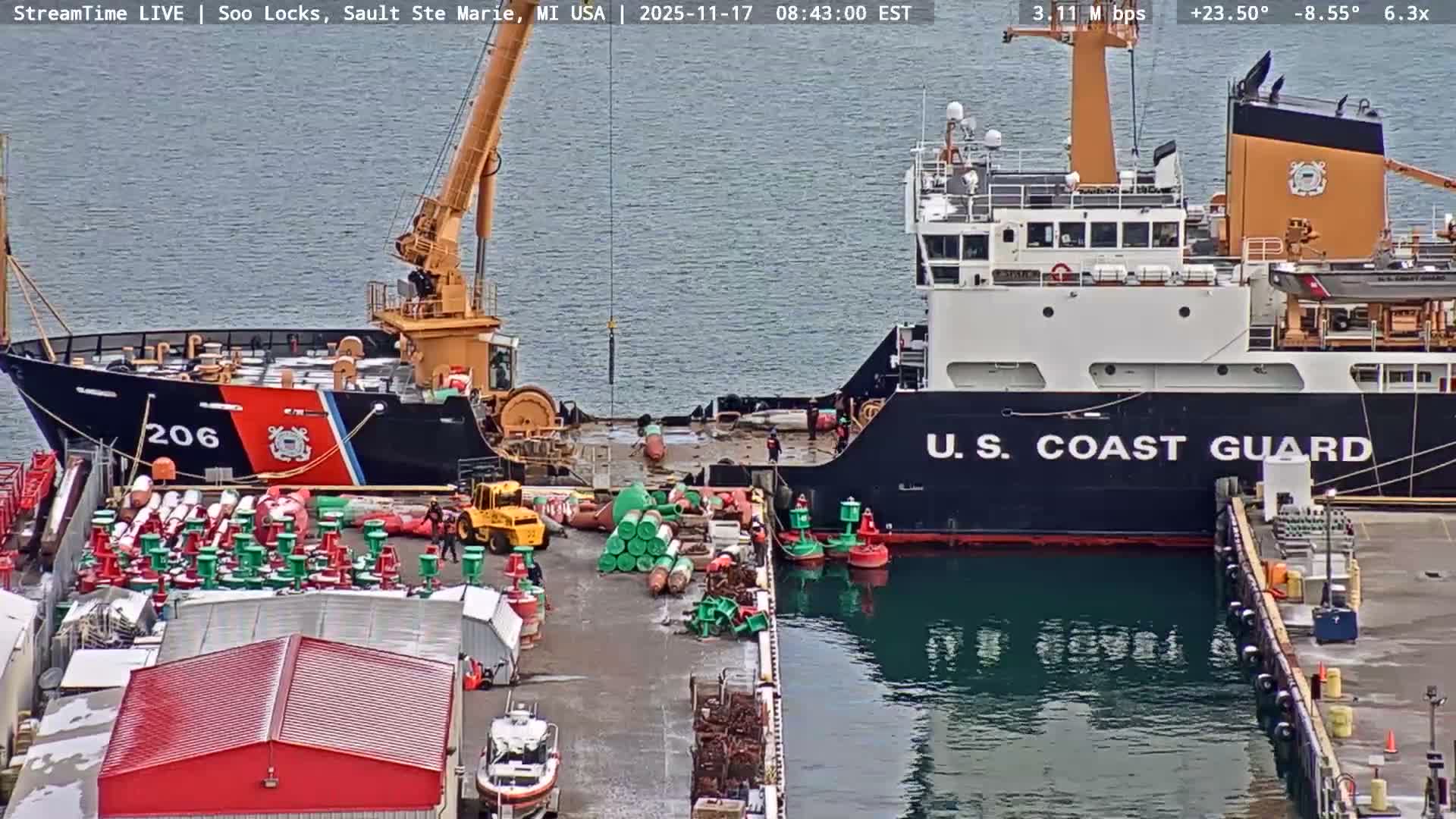 USA - Canada Border, Sault Ste. Marie USA / Sault Ste. Marie Canada Cities & St. Marys River Panoramic Live Cam - Sault Ste. Marie, Chippewa, Michigan, USA