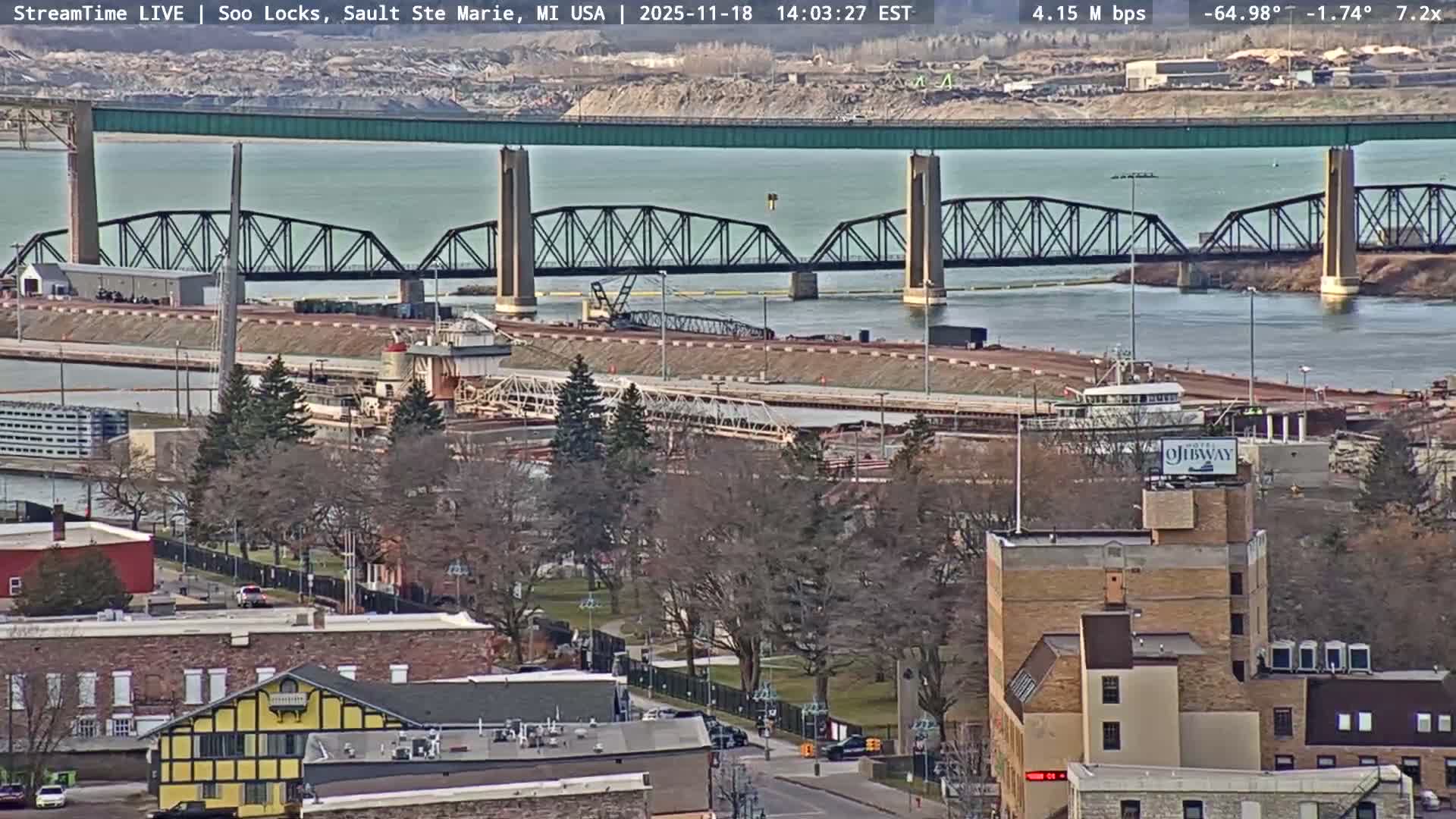 USA - Canada Border, Sault Ste. Marie USA / Sault Ste. Marie Canada Cities & St. Marys River Panoramic Live Cam - Sault Ste. Marie, Chippewa, Michigan, USA