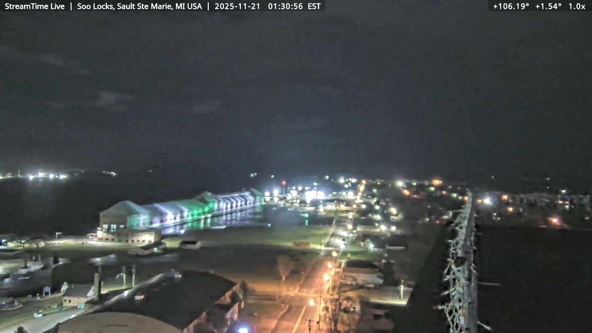 USA - Canada Border, Sault Ste. Marie USA / Sault Ste. Marie Canada Cities & St. Marys River Panoramic Live Cam - Sault Ste. Marie, Chippewa, Michigan, USA