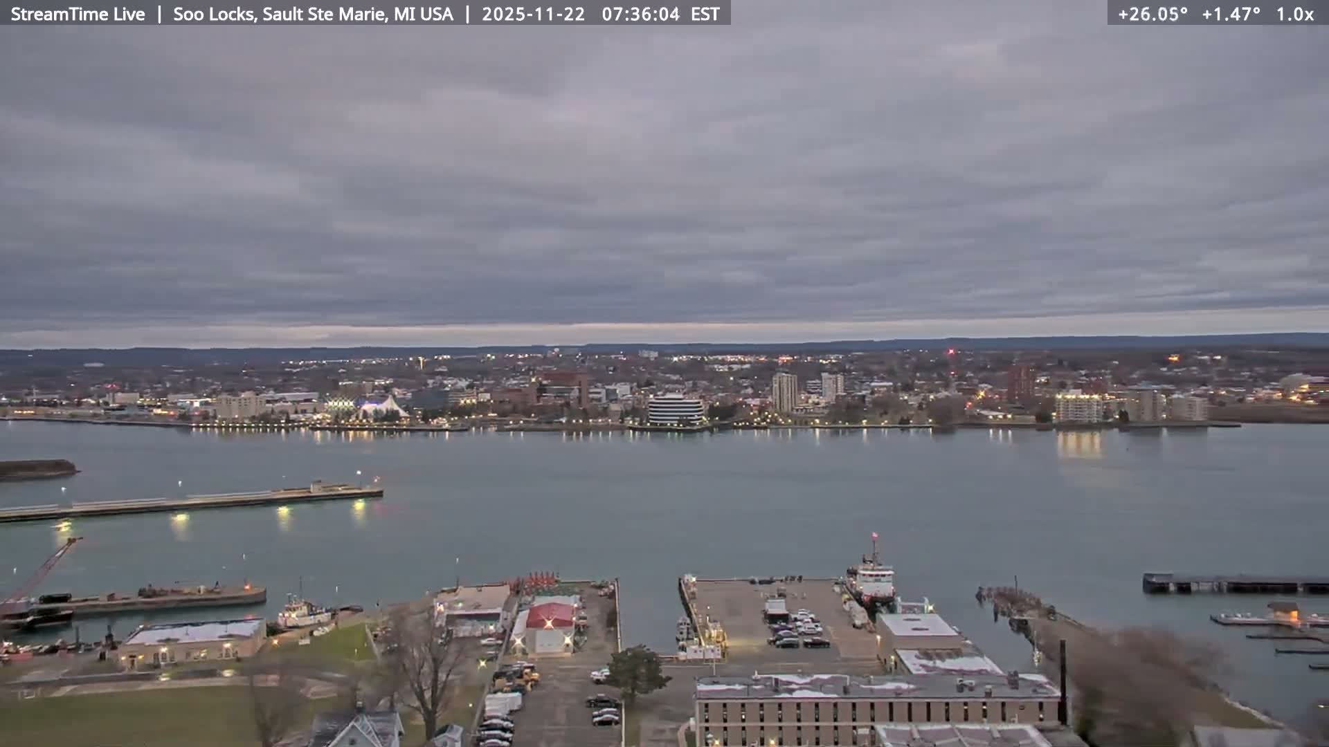 USA - Canada Border, Sault Ste. Marie USA / Sault Ste. Marie Canada Cities & St. Marys River Panoramic Live Cam - Sault Ste. Marie, Chippewa, Michigan, USA