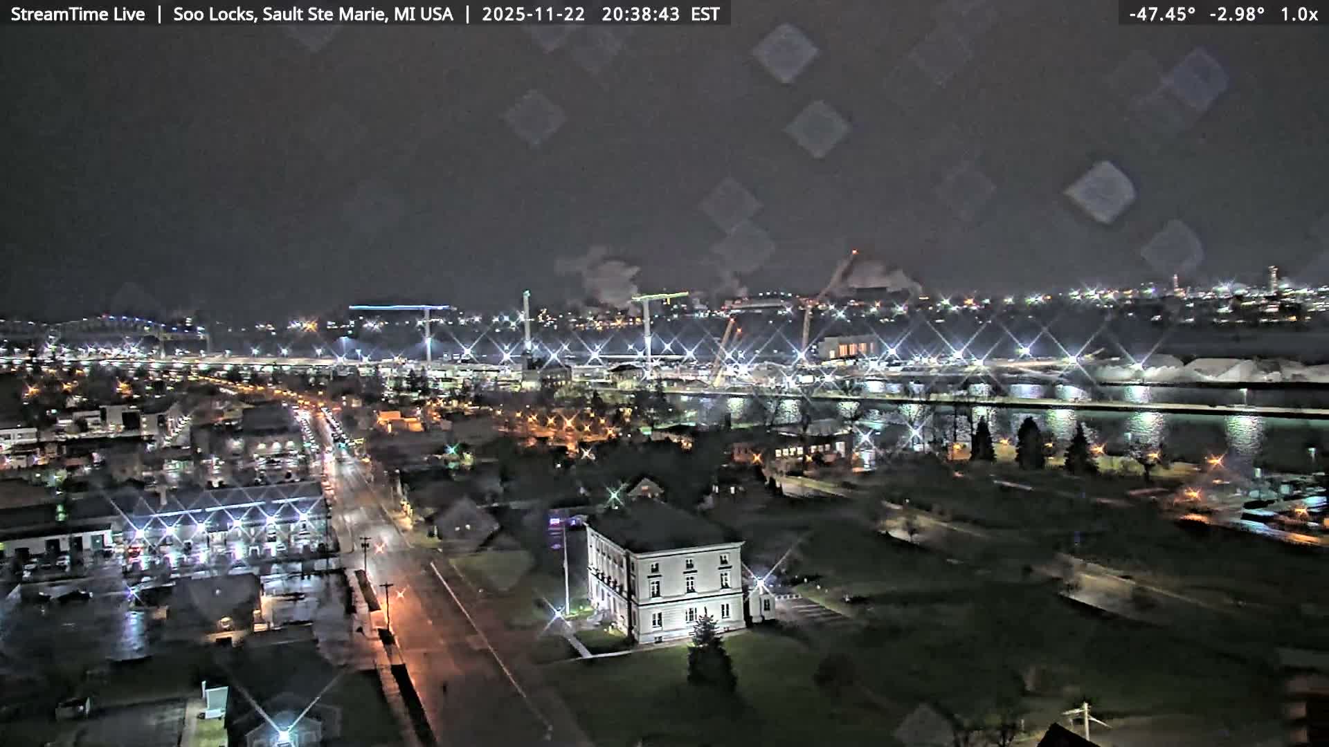 USA - Canada Border, Sault Ste. Marie USA / Sault Ste. Marie Canada Cities & St. Marys River Panoramic Live Cam - Sault Ste. Marie, Chippewa, Michigan, USA