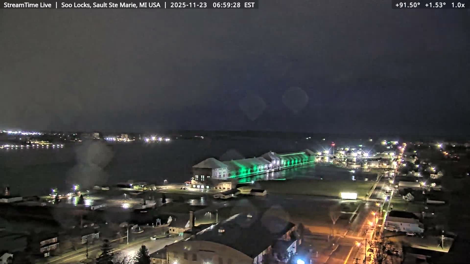 USA - Canada Border, Sault Ste. Marie USA / Sault Ste. Marie Canada Cities & St. Marys River Panoramic Live Cam - Sault Ste. Marie, Chippewa, Michigan, USA