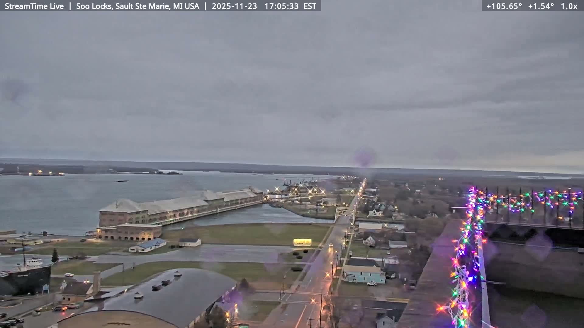 USA - Canada Border, Sault Ste. Marie USA / Sault Ste. Marie Canada Cities & St. Marys River Panoramic Live Cam - Sault Ste. Marie, Chippewa, Michigan, USA