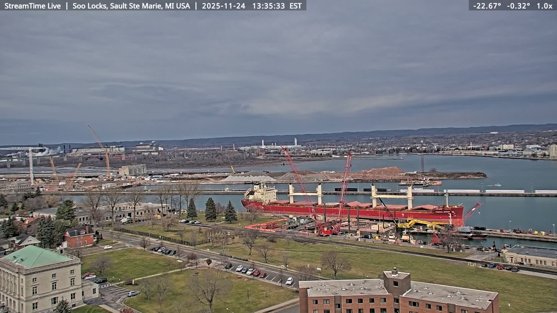 USA - Canada Border, Sault Ste. Marie USA / Sault Ste. Marie Canada Cities & St. Marys River Panoramic Live Cam - Sault Ste. Marie, Chippewa, Michigan, USA