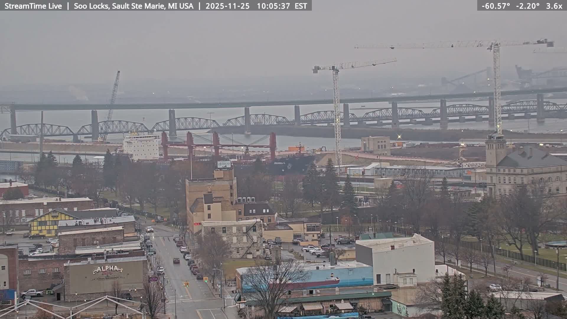 USA - Canada Border, Sault Ste. Marie USA / Sault Ste. Marie Canada Cities & St. Marys River Panoramic Live Cam - Sault Ste. Marie, Chippewa, Michigan, USA