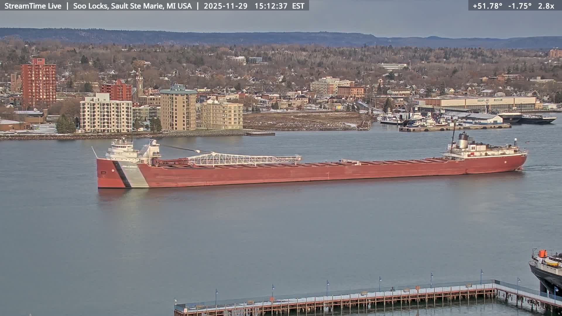 USA - Canada Border, Sault Ste. Marie USA / Sault Ste. Marie Canada Cities & St. Marys River Panoramic Live Cam - Sault Ste. Marie, Chippewa, Michigan, USA