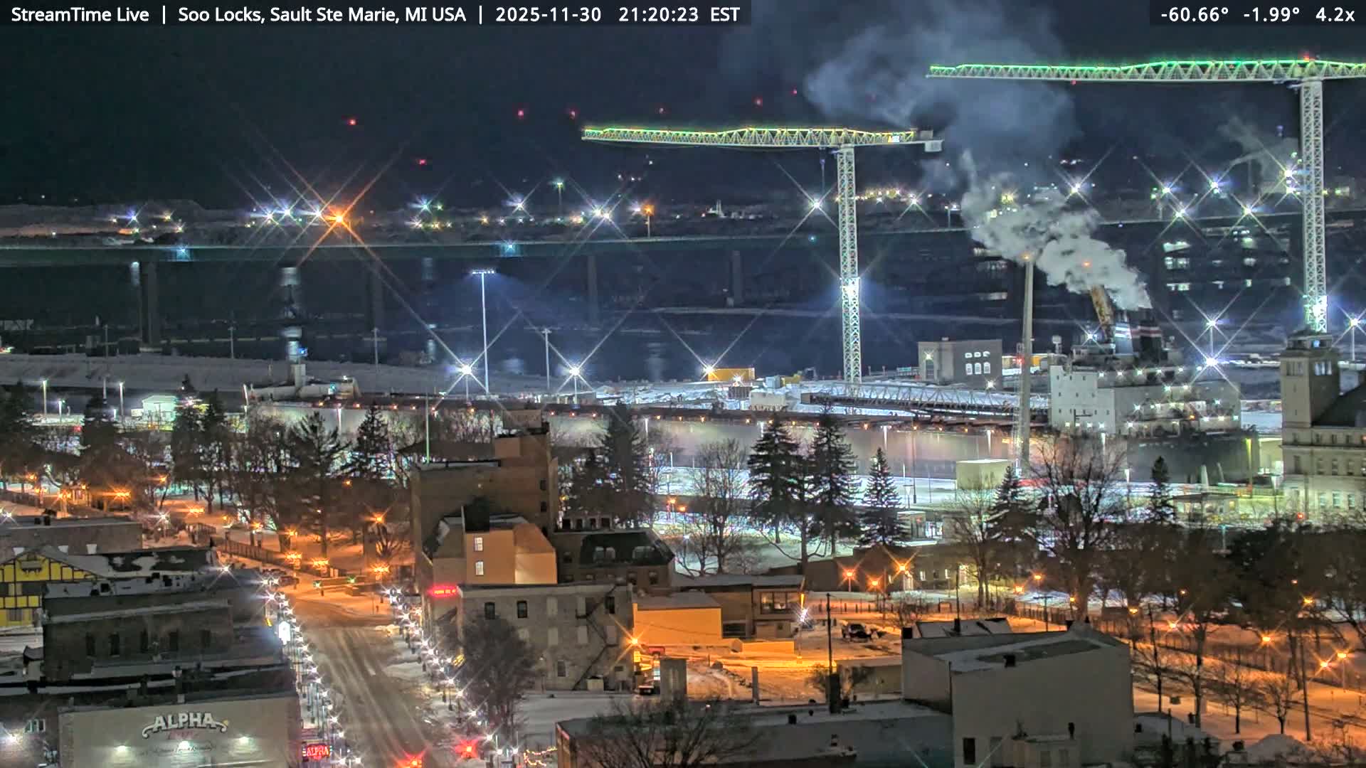 USA - Canada Border, Sault Ste. Marie USA / Sault Ste. Marie Canada Cities & St. Marys River Panoramic Live Cam - Sault Ste. Marie, Chippewa, Michigan, USA