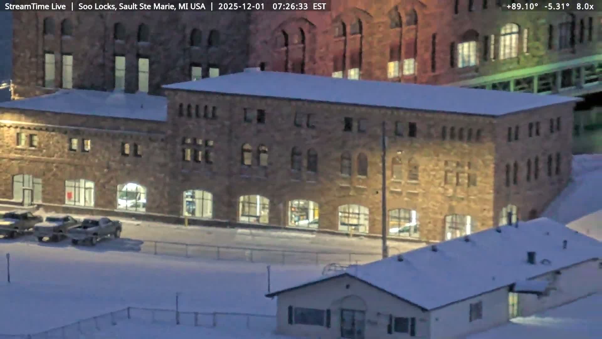 USA - Canada Border, Sault Ste. Marie USA / Sault Ste. Marie Canada Cities & St. Marys River Panoramic Live Cam - Sault Ste. Marie, Chippewa, Michigan, USA