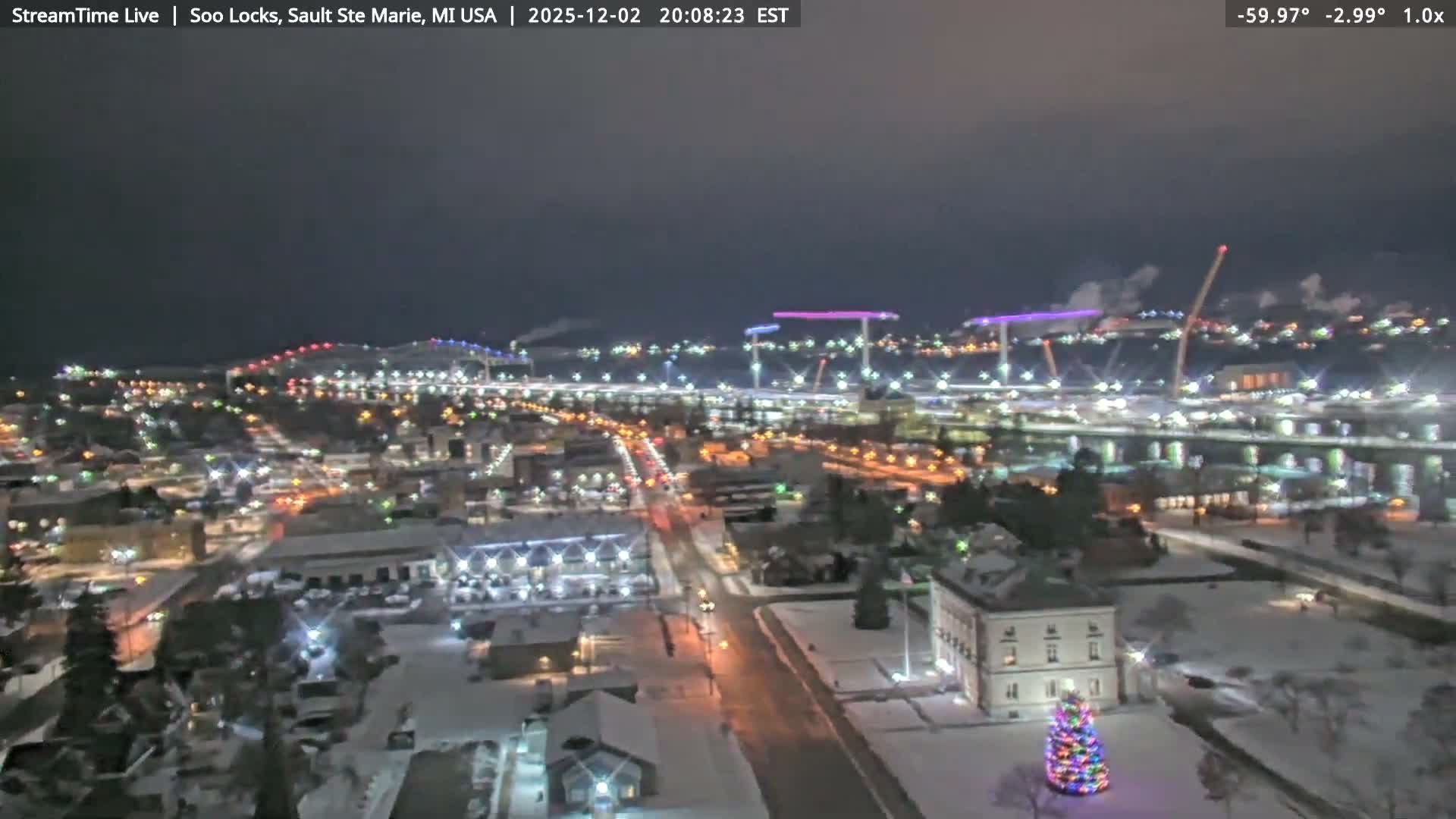 USA - Canada Border, Sault Ste. Marie USA / Sault Ste. Marie Canada Cities & St. Marys River Panoramic Live Cam - Sault Ste. Marie, Chippewa, Michigan, USA