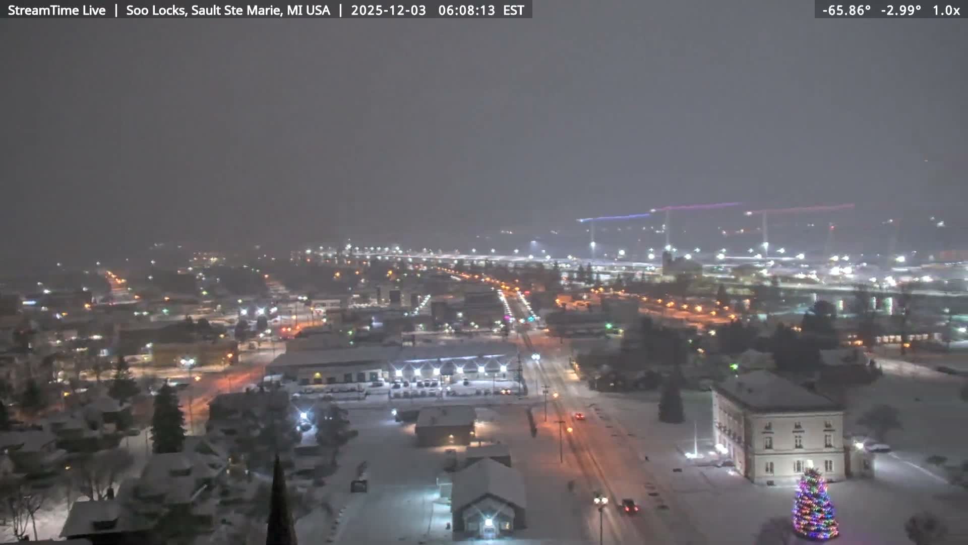 USA - Canada Border, Sault Ste. Marie USA / Sault Ste. Marie Canada Cities & St. Marys River Panoramic Live Cam - Sault Ste. Marie, Chippewa, Michigan, USA