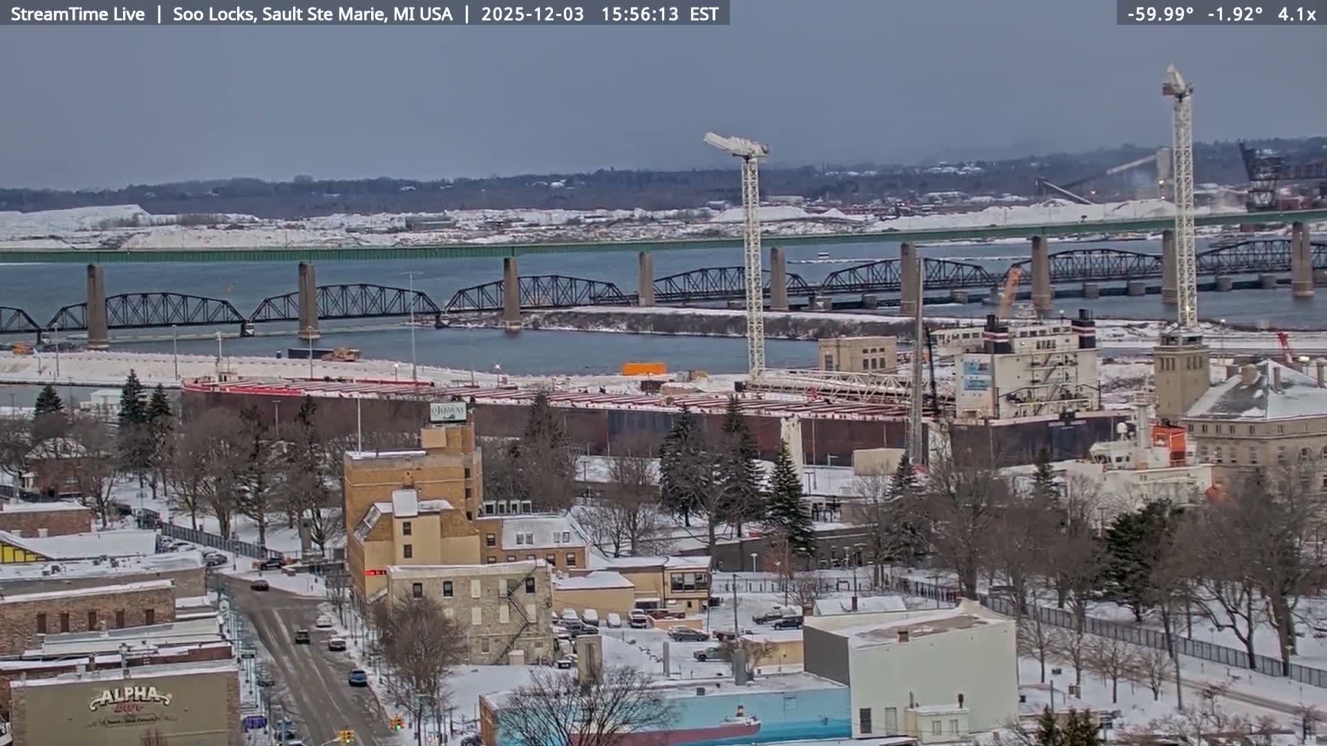 USA - Canada Border, Sault Ste. Marie USA / Sault Ste. Marie Canada Cities & St. Marys River Panoramic Live Cam - Sault Ste. Marie, Chippewa, Michigan, USA