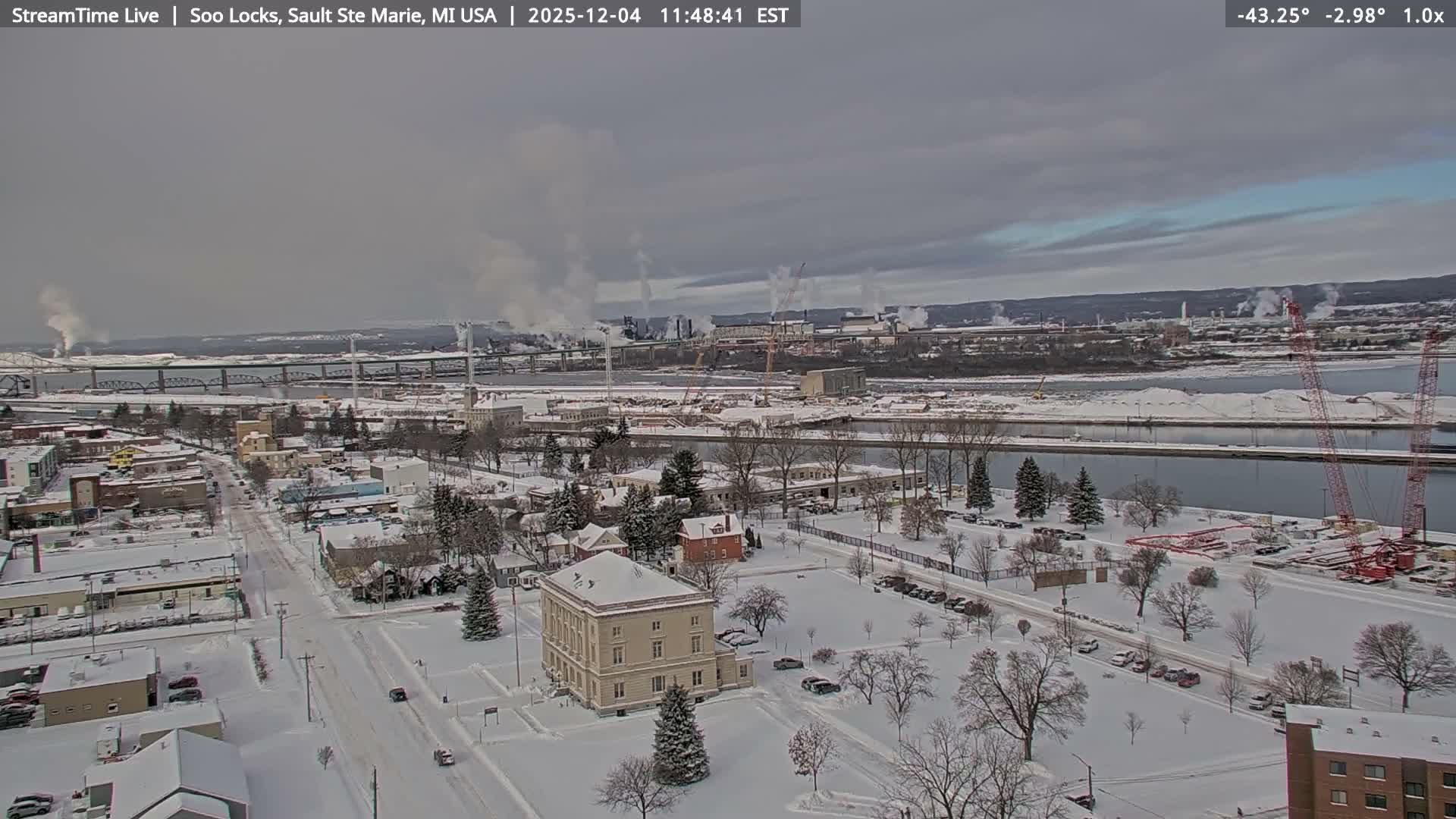 USA - Canada Border, Sault Ste. Marie USA / Sault Ste. Marie Canada Cities & St. Marys River Panoramic Live Cam - Sault Ste. Marie, Chippewa, Michigan, USA