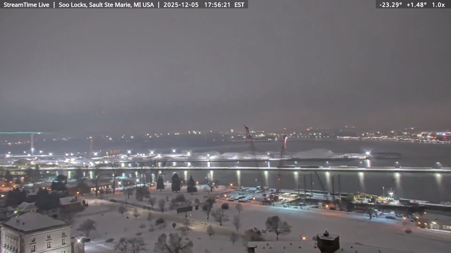 USA - Canada Border, Sault Ste. Marie USA / Sault Ste. Marie Canada Cities & St. Marys River Panoramic Live Cam - Sault Ste. Marie, Chippewa, Michigan, USA