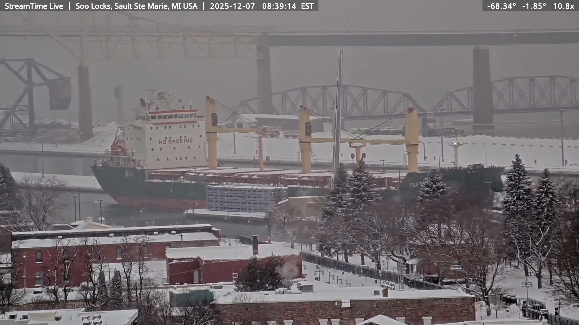USA - Canada Border, Sault Ste. Marie USA / Sault Ste. Marie Canada Cities & St. Marys River Panoramic Live Cam - Sault Ste. Marie, Chippewa, Michigan, USA